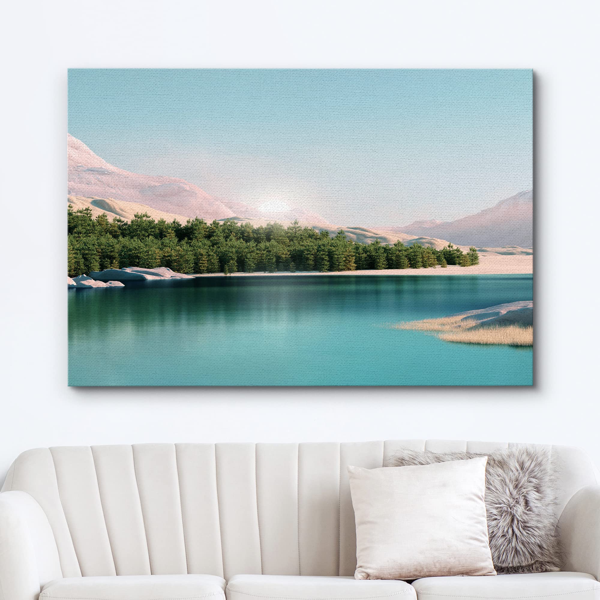 wall26 Canvas Print Wall Art Pastel Mountain Forest Teal Lake View Nature Wilderness Photography Realism Earth Scenery Rustic Scenic Landscape Colorful for Living Room  Bedroom  Office - 12''x18''