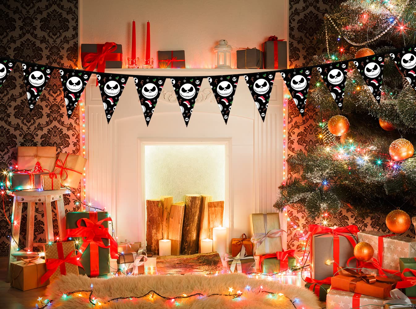 Jack Skellington Triangle String Bunting Banner for Christmas & Halloween Decorations - Nightmare Before Christmas Flags & Penna