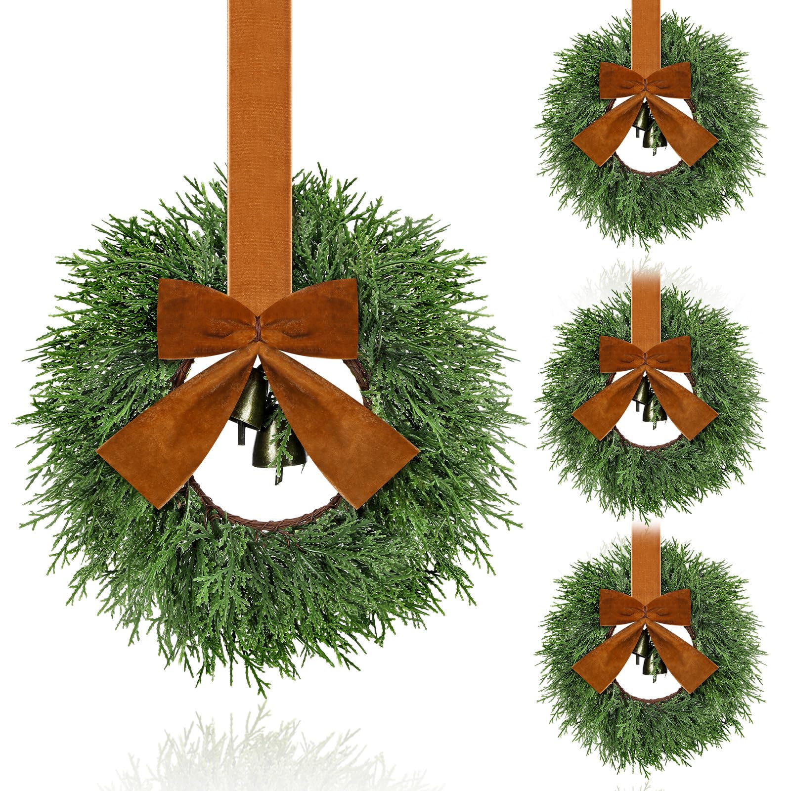 Suncalla 4 Pcs Small Christmas Wreaths for Cabinets 10.2 Inch Mini Cedar Wreaths with Vintage Rustic Cow Bell and Brown Velvet R