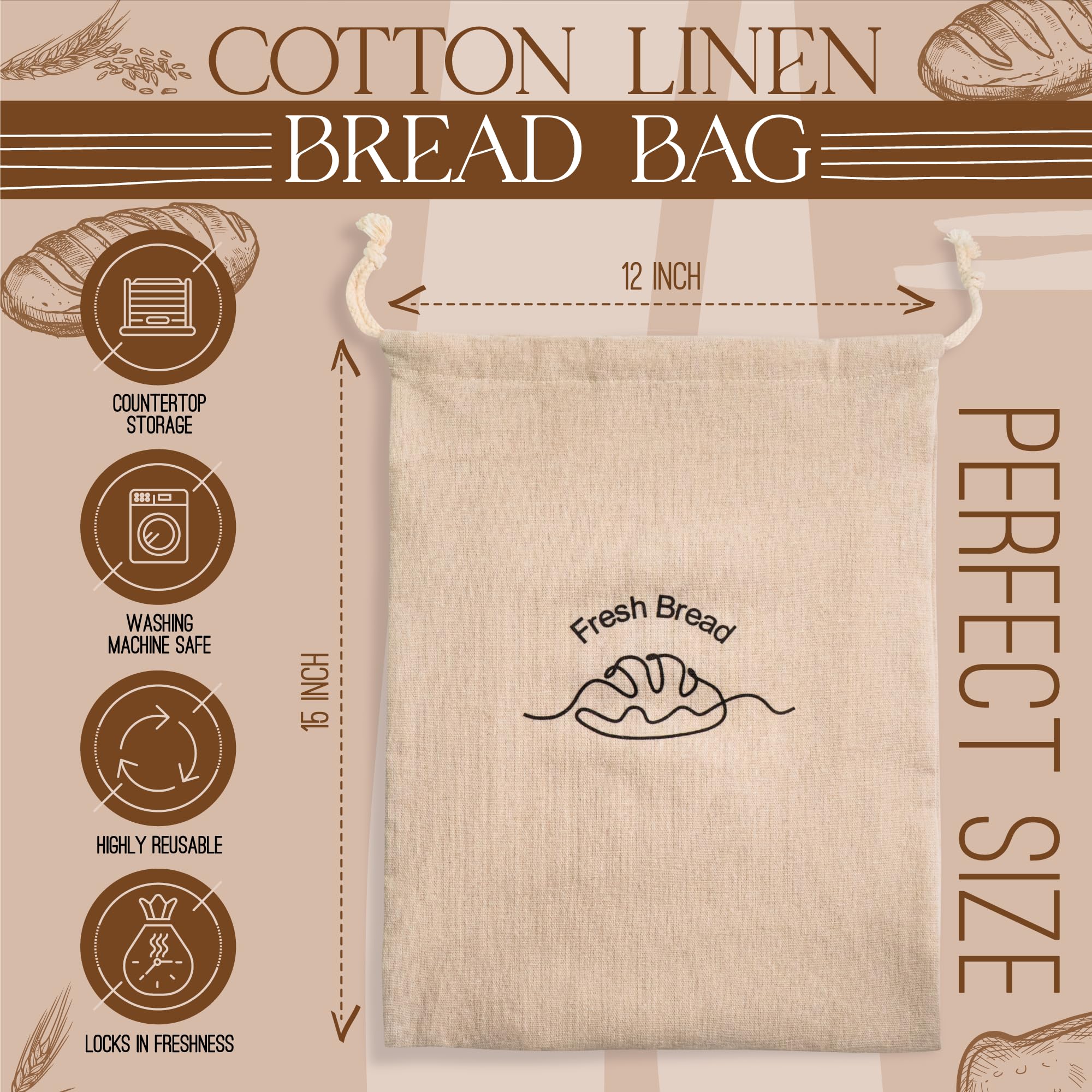 Simply H&K Linen Bread Bags [Pack Of 3] With Inner Lining - Keeps Homemade Bread Fresh & Secure - Perfect For Sourdough & Gift G