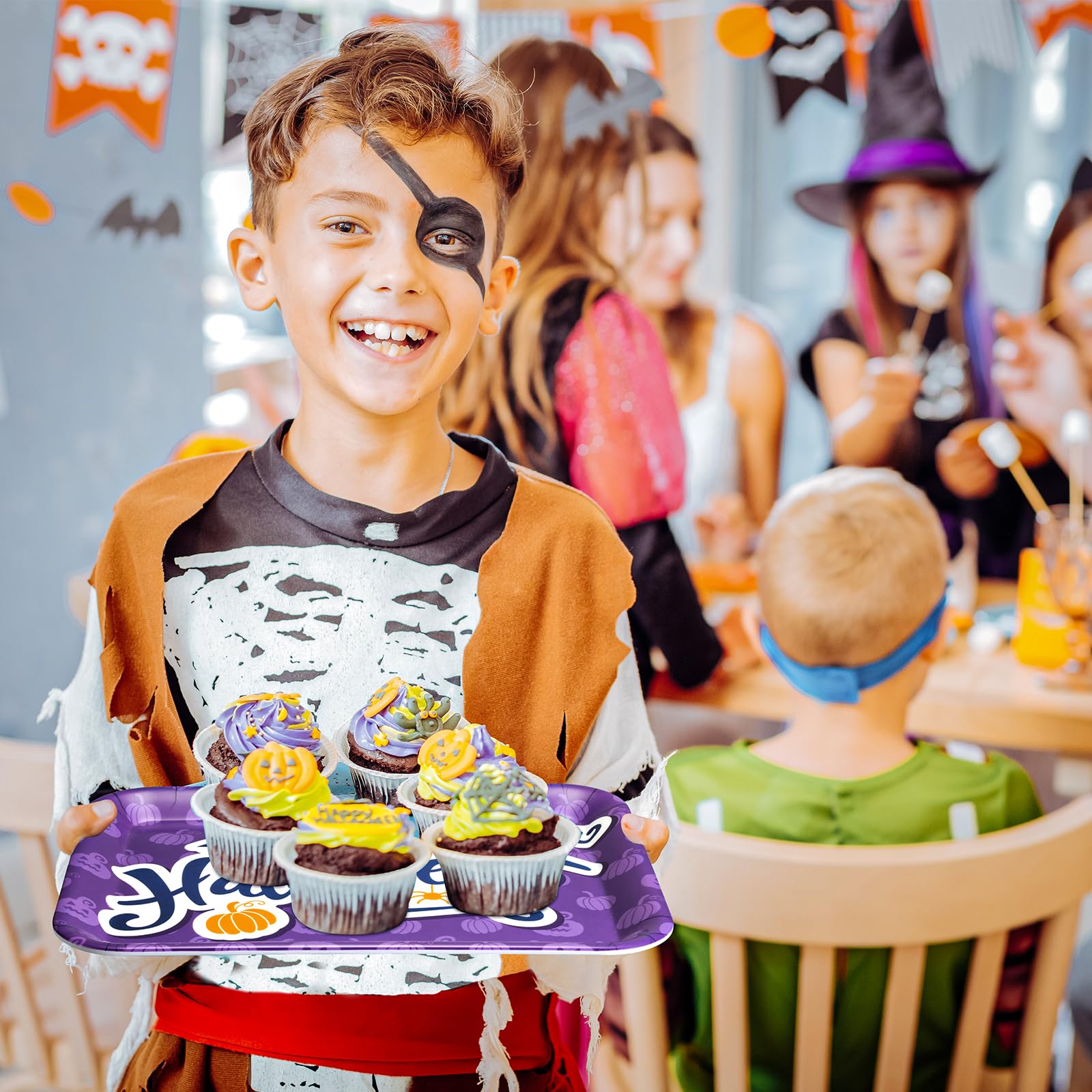 3 Pcs 13 X 10 Inch Halloween Serving Tray, Reusable Serving Dishes, Melamine Black Orange Purple Platter, Pumpkin Bat Witch Hat