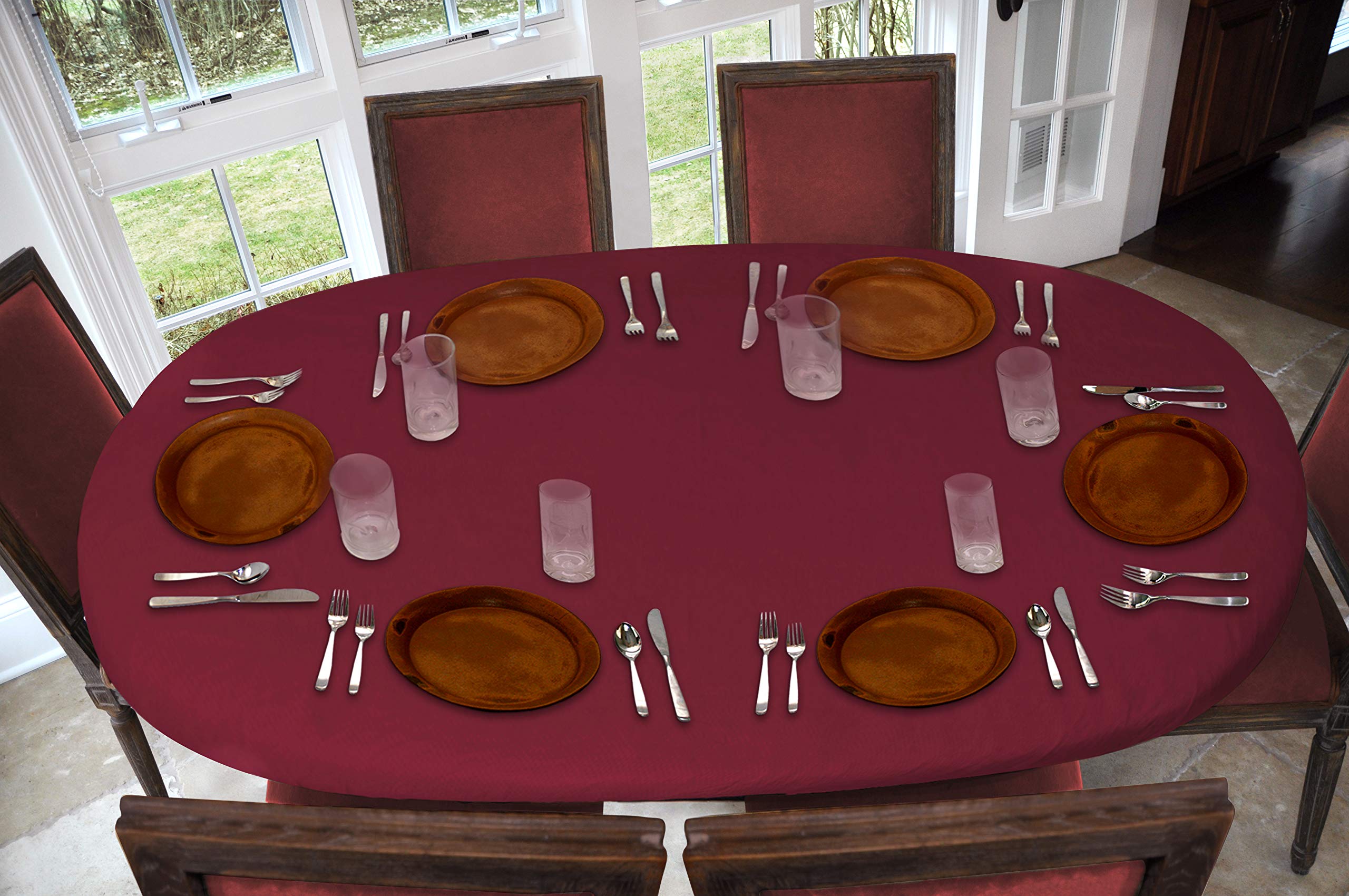 Covers For The Home Deluxe Elastic Edged Flannel Backed Vinyl Fitted Table Cover - Basketweave (Red) Pattern - Oblong/Oval - Fit