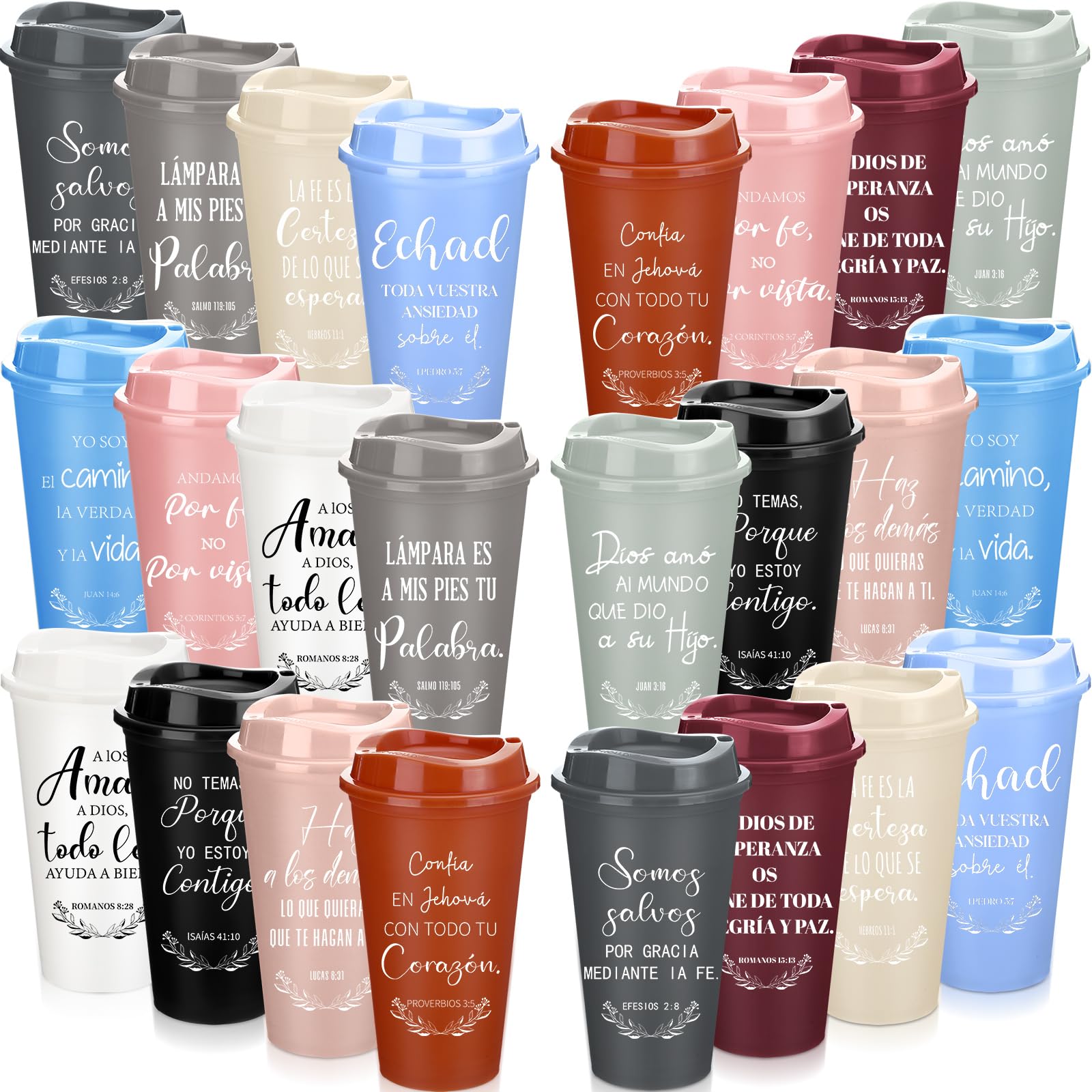 Zhehao Spanish Bible Verse Tumblers Bulk, 16 oz Reusable Christian Cups with Lids, Plastic Coffee Cups for Church Events, Bible 