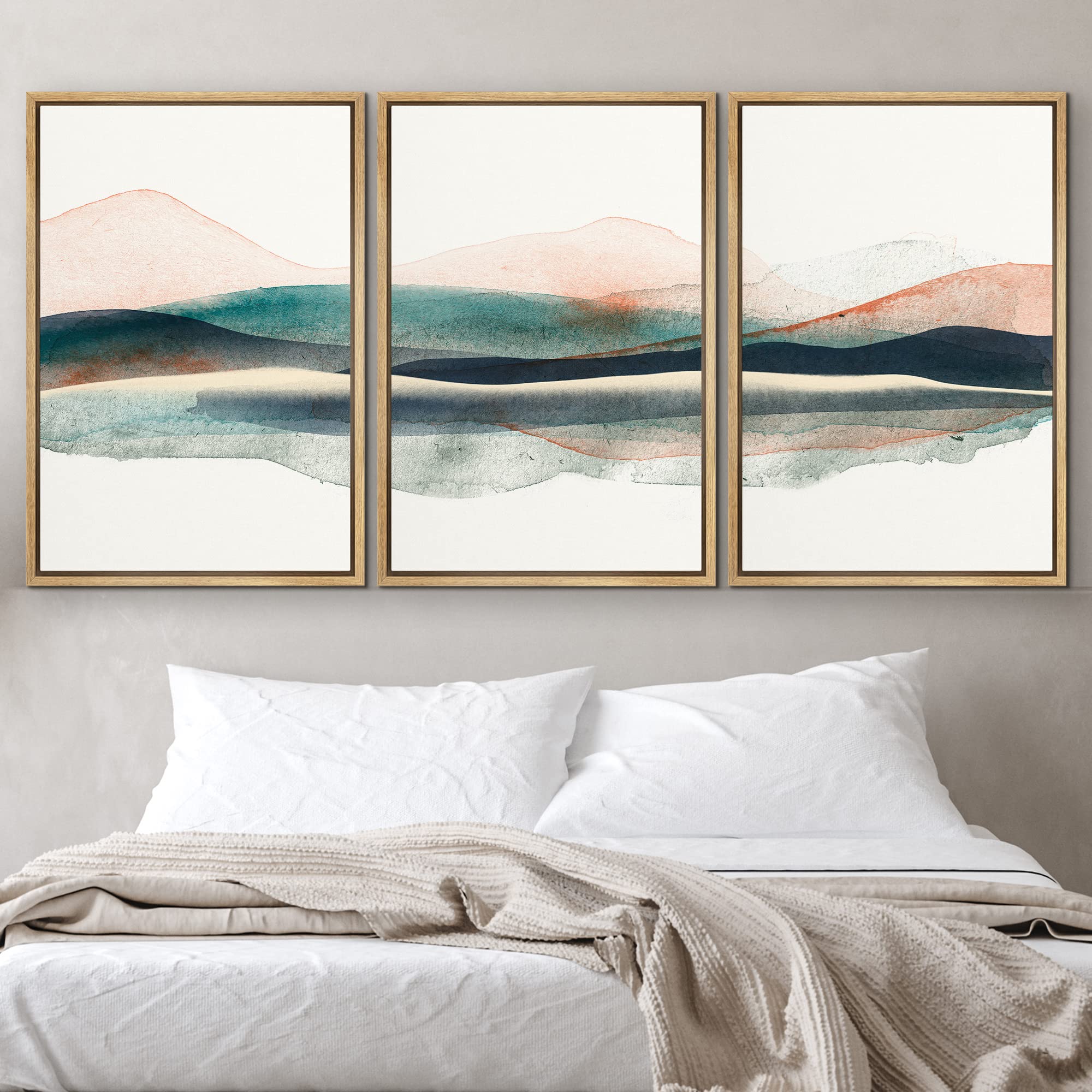 NWT Canvas Print Wall Art Set Abstract Watercolor Green Mountains Geometric Wilderness Illustrations Modern Art Rustic Landscape Pastel for Living Room  Bedroom  Office - 16''x24''x3 Natural