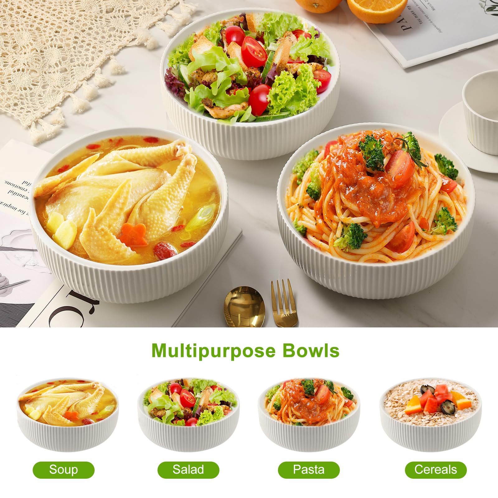 Kmigruan 60Oz Salad Bowl Set,2 Pack Serving Bowls For Entertaining,8Inch Large White Ceramic Bowl For Side Dishes,Soup, Pho, Cer