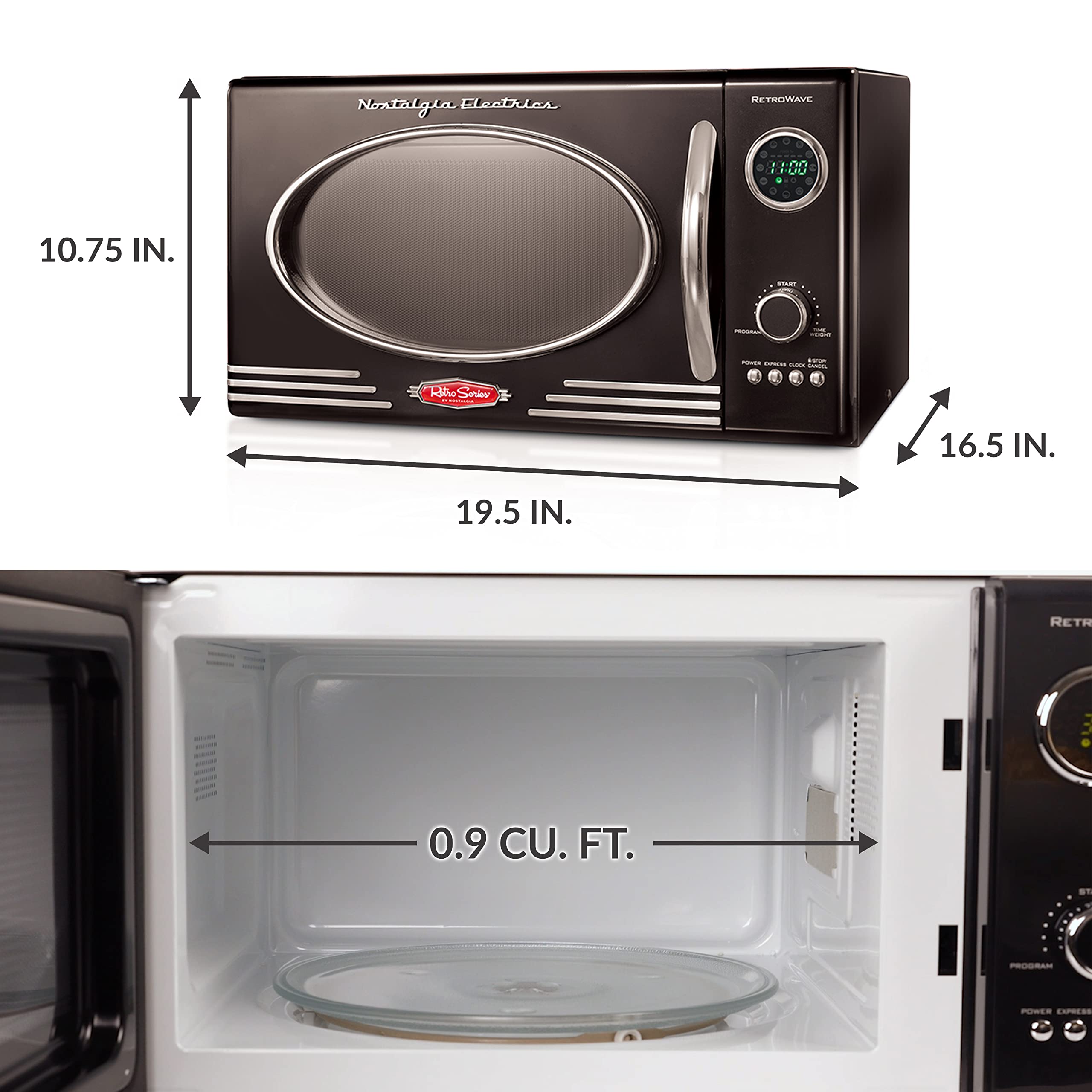 Nostalgia Rmo4Bk Retro 0.9 Cubic Foot 800-Watt Countertop Microwave Oven, 5 Power Levels And 12 Cook Settings, Led Display, Jet