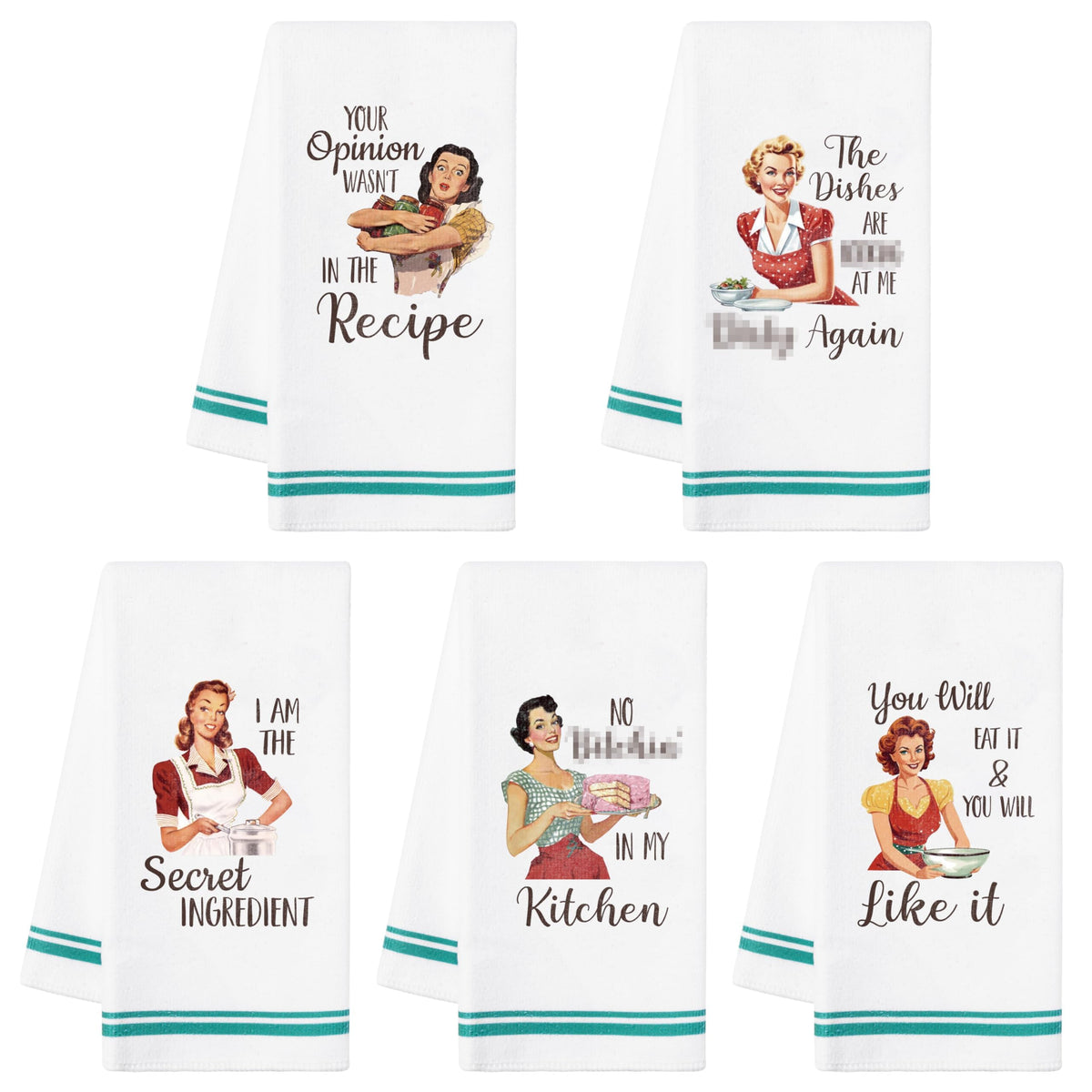 R Horse 5Pcs Kitchen Dish Towel Funny Joked Themed Kitchen Dishcloth Absorbent Retro Sassy Lady Cleaning Dishcloth Bar Hilarious