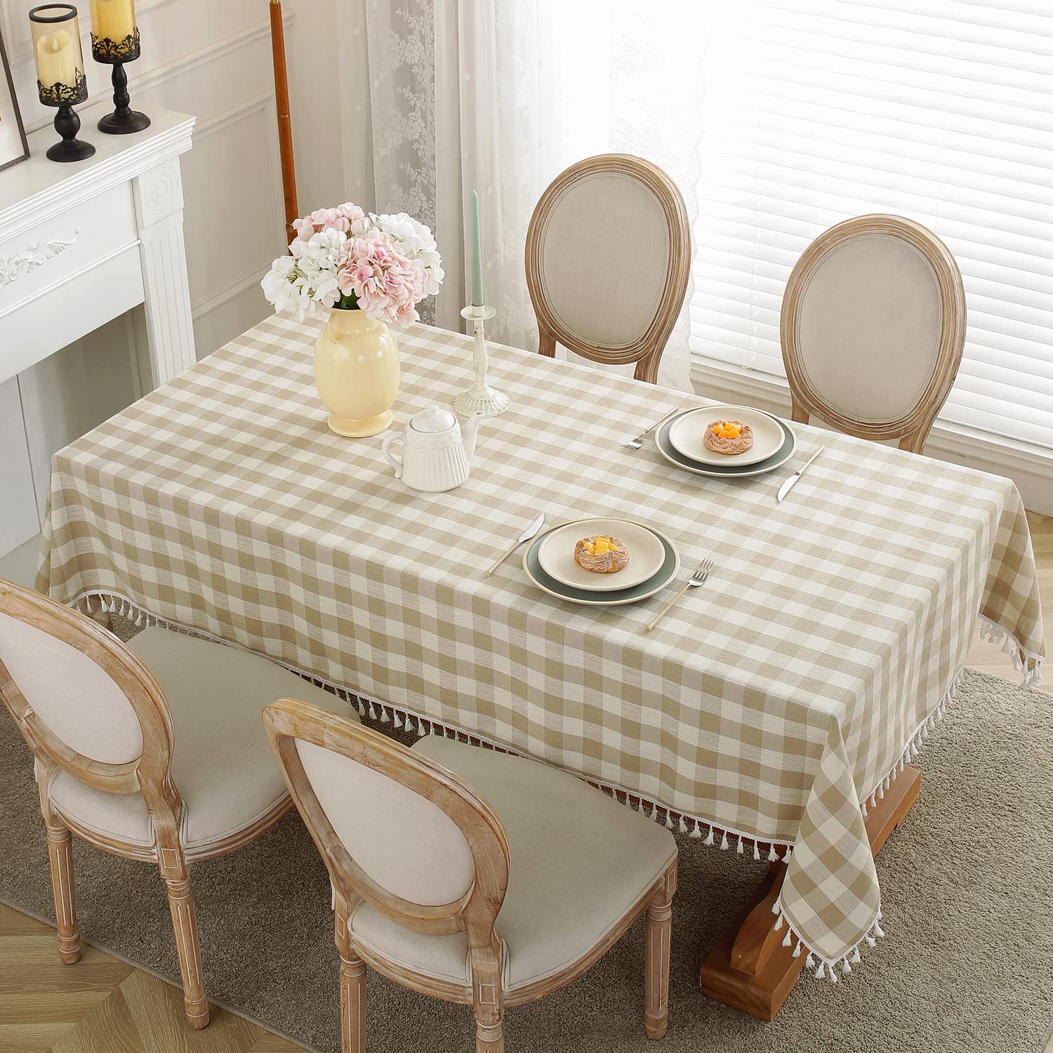 Laolitou Checkered Tablecloth Rectangle Washable Buffalo Plaid Table Cloth With Tassel Cotton Linen Gingham Table Cover For Picn