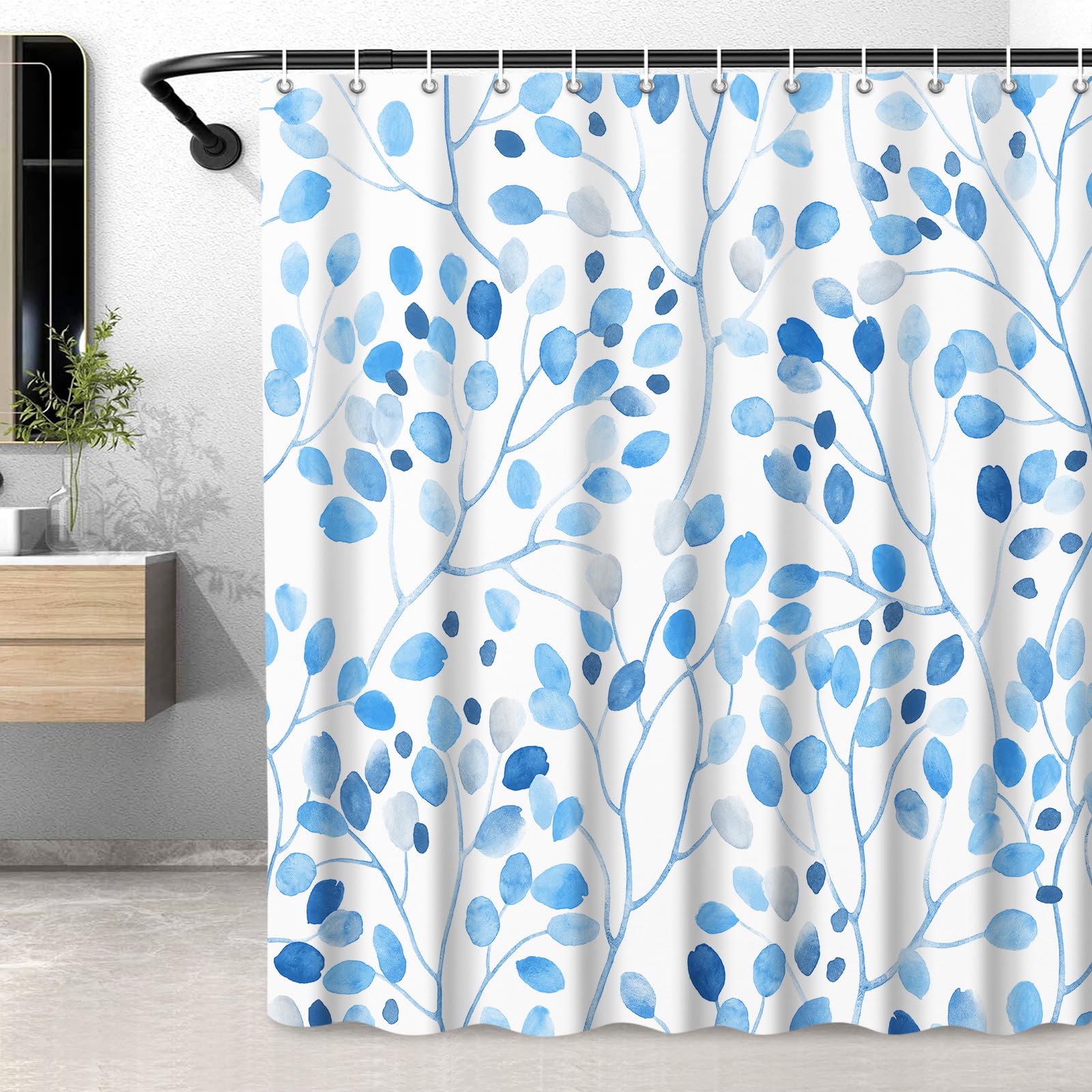 Lxbni Blue Shower Curtains For Bathroom, Watercolor Leaf Washable Floral Shower Curtain, Bathroom Decor Polyester Waterproof Cur