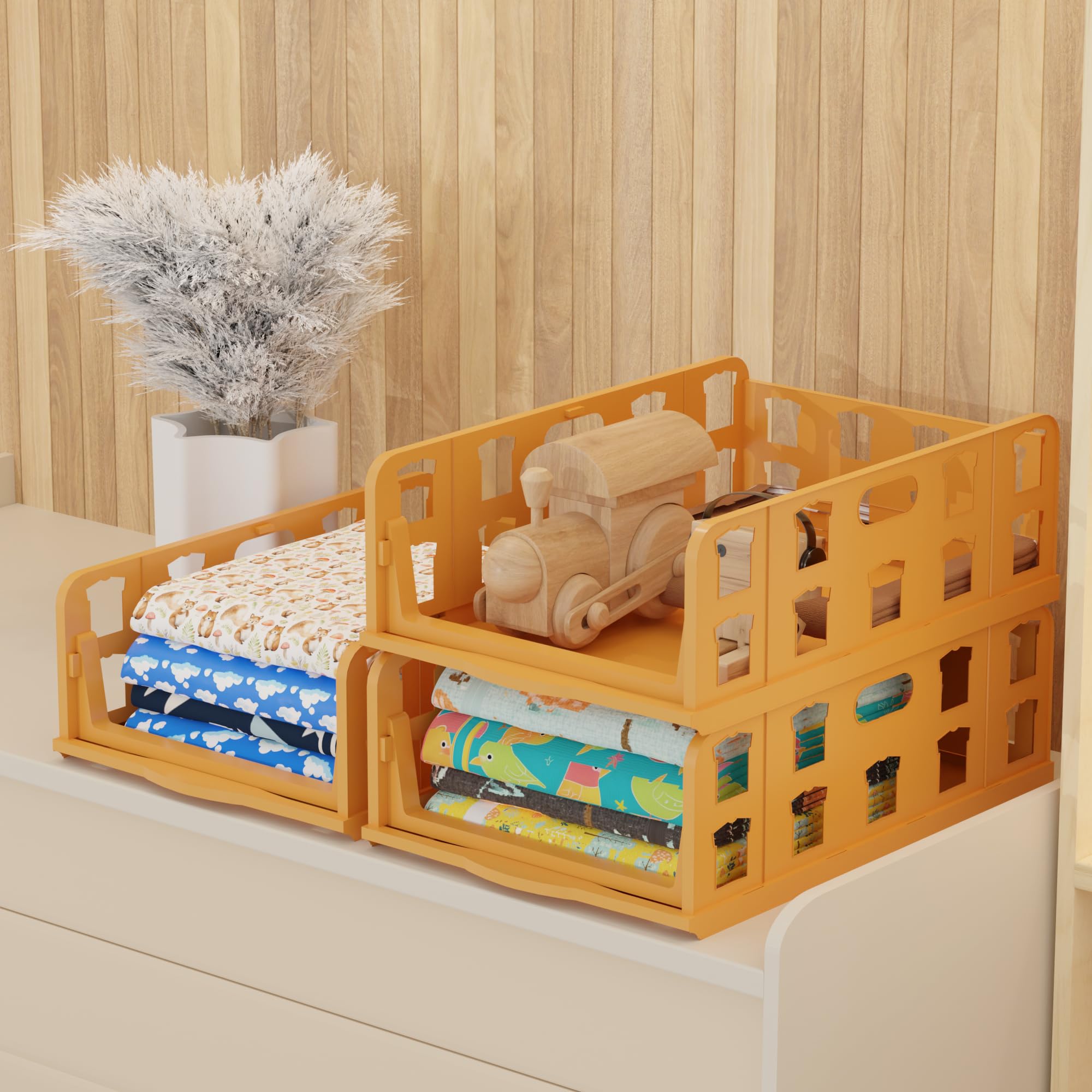 Kuber Industries 3 Pcs Foldable Kids Wardrobe Organizer For Clothes Storage | Stackable Slide Out Baby Dress Organiser For Wardr