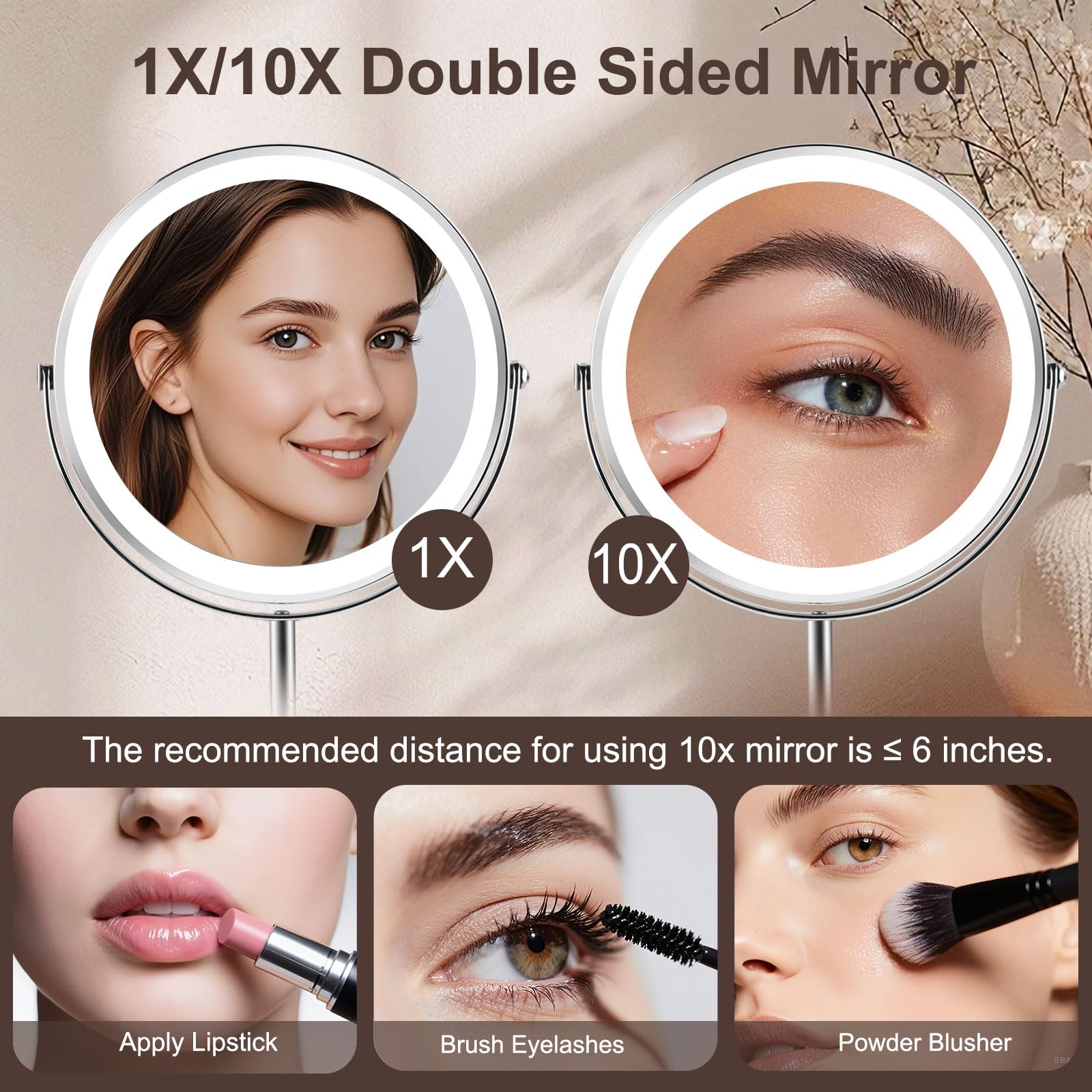 Flymiro Lighted Makeup Mirror,1x/10x Magnifying Vanity Mirror with Light,3000 mAh Rechargeable 2-Sided 8 Round Mirror,3 Colors B
