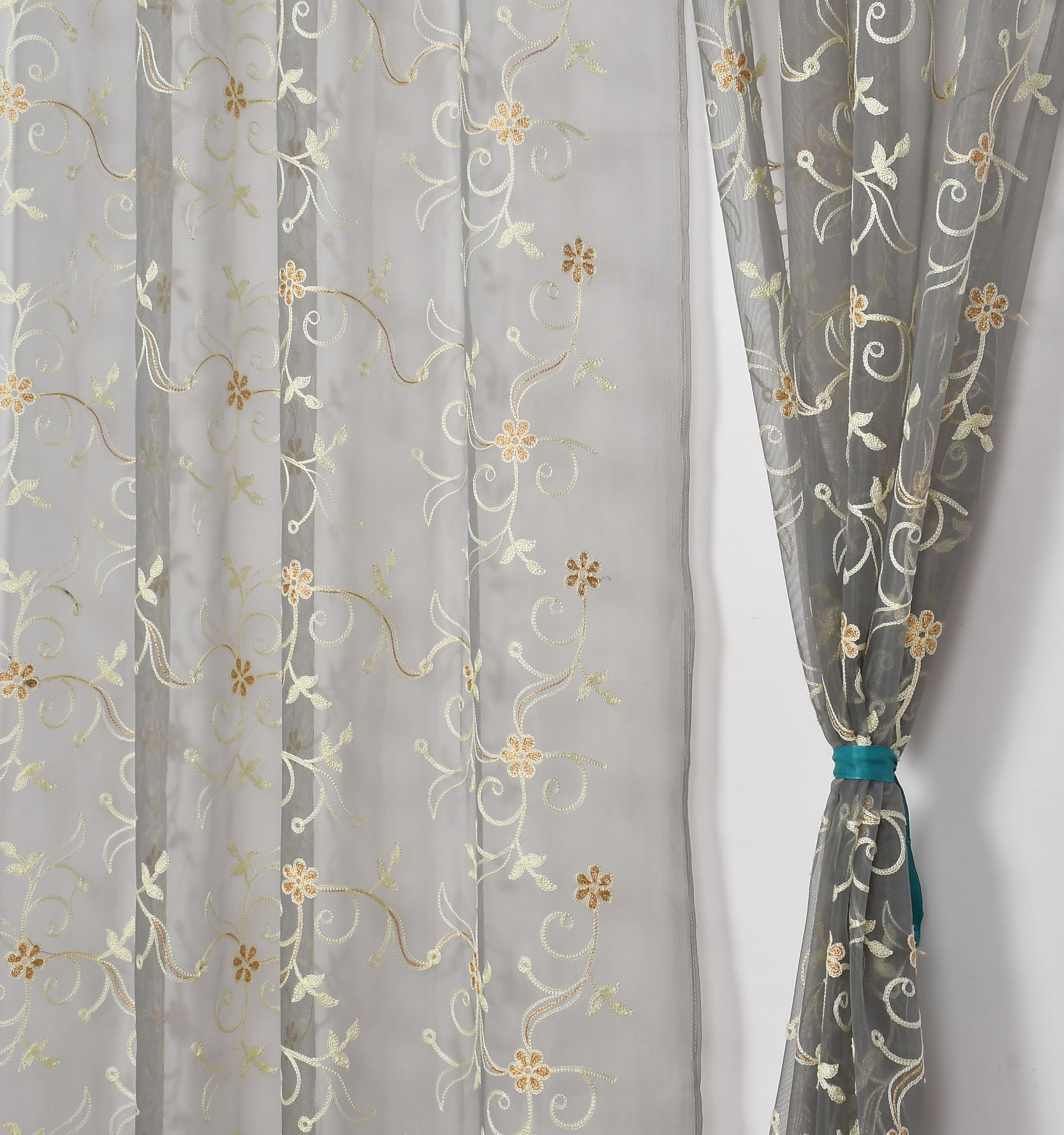 Fabrilia Floral Pattern Embroidery Tissue Net Sheer Transparent Curtains For Door 7 Feet Long Set Of 2, Grey