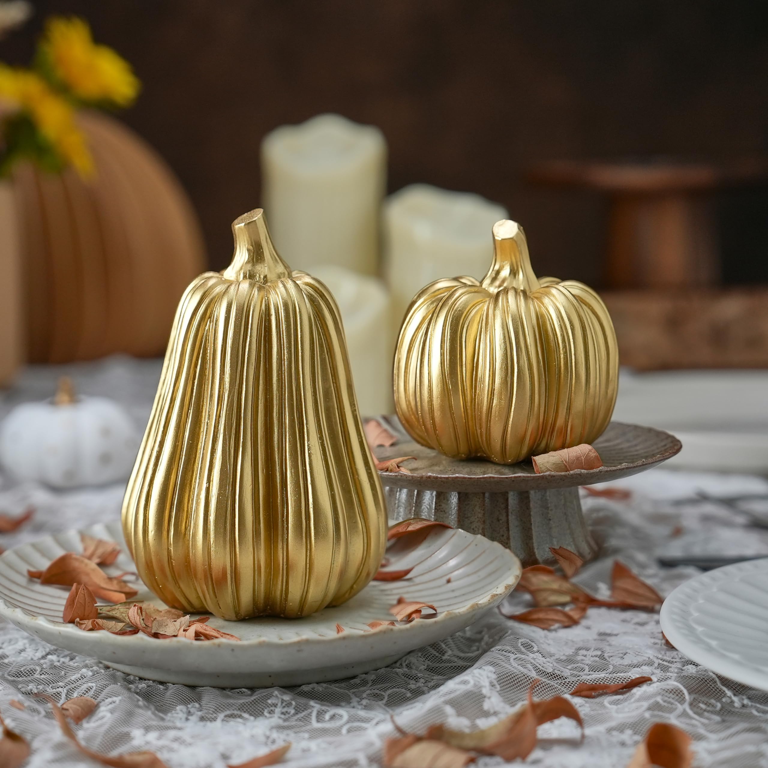 FESTGLOX Gold Pumpkin Decor with Stripes, 2Pcs Resin Pumpkins for Decorating, Decorative Pumpkins for Fall Tabletop Decoration,