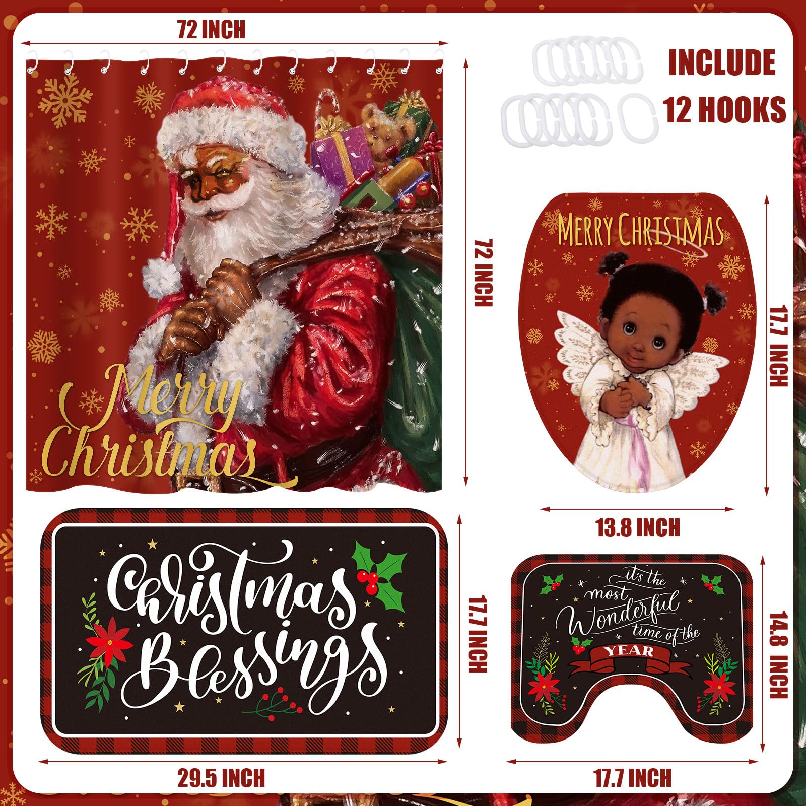 Preboun Black Santa Christmas Shower Curtain Set 72 X 72 In Winter Holiday Party Christmas Bathroom Curtain With 12 Hooks Non Sl