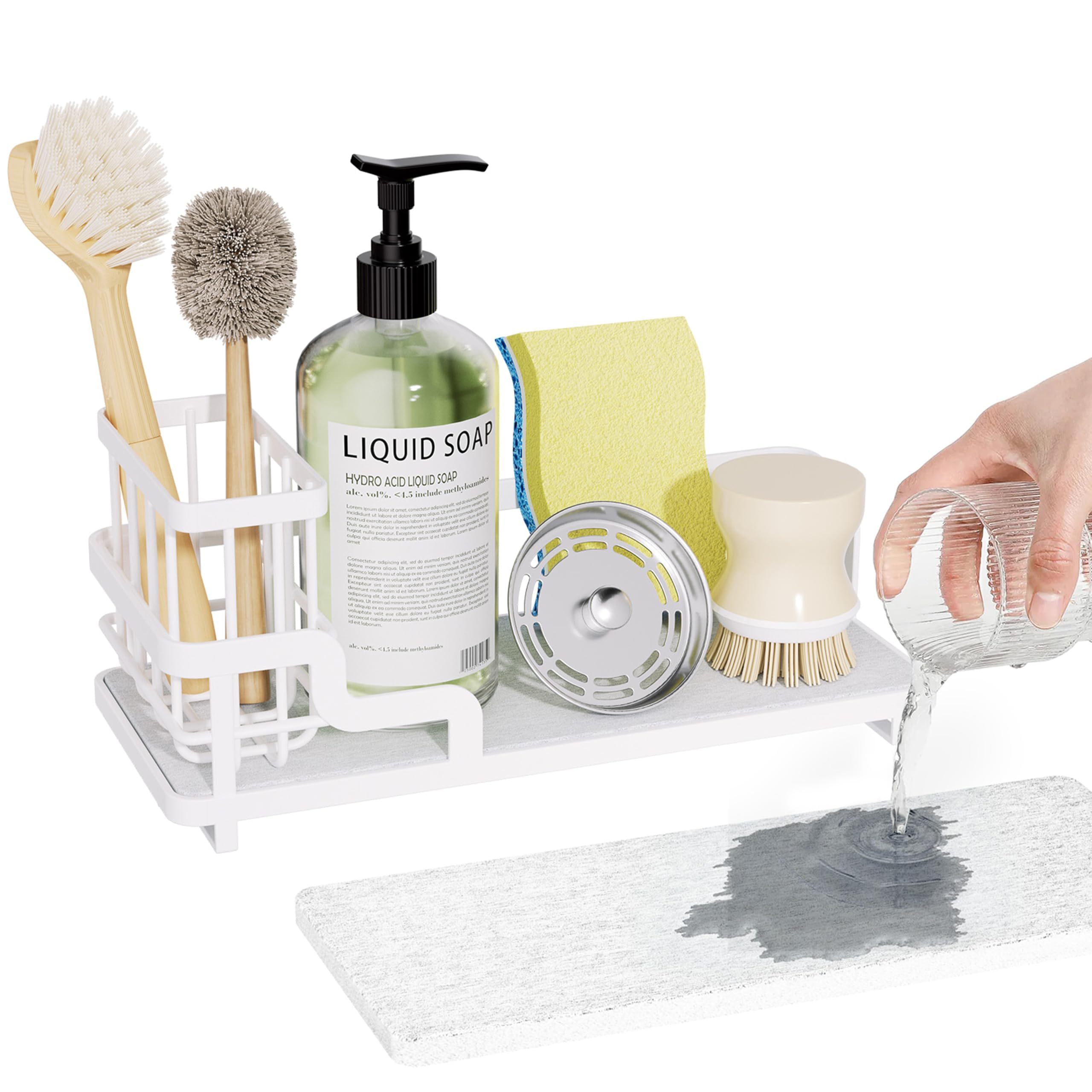 Consumest Sponge Holder for Kitchen Sink  Sink Caddy Organizer with Water Absorbing Stone Tray, Detachable Brush Holder, Stainl