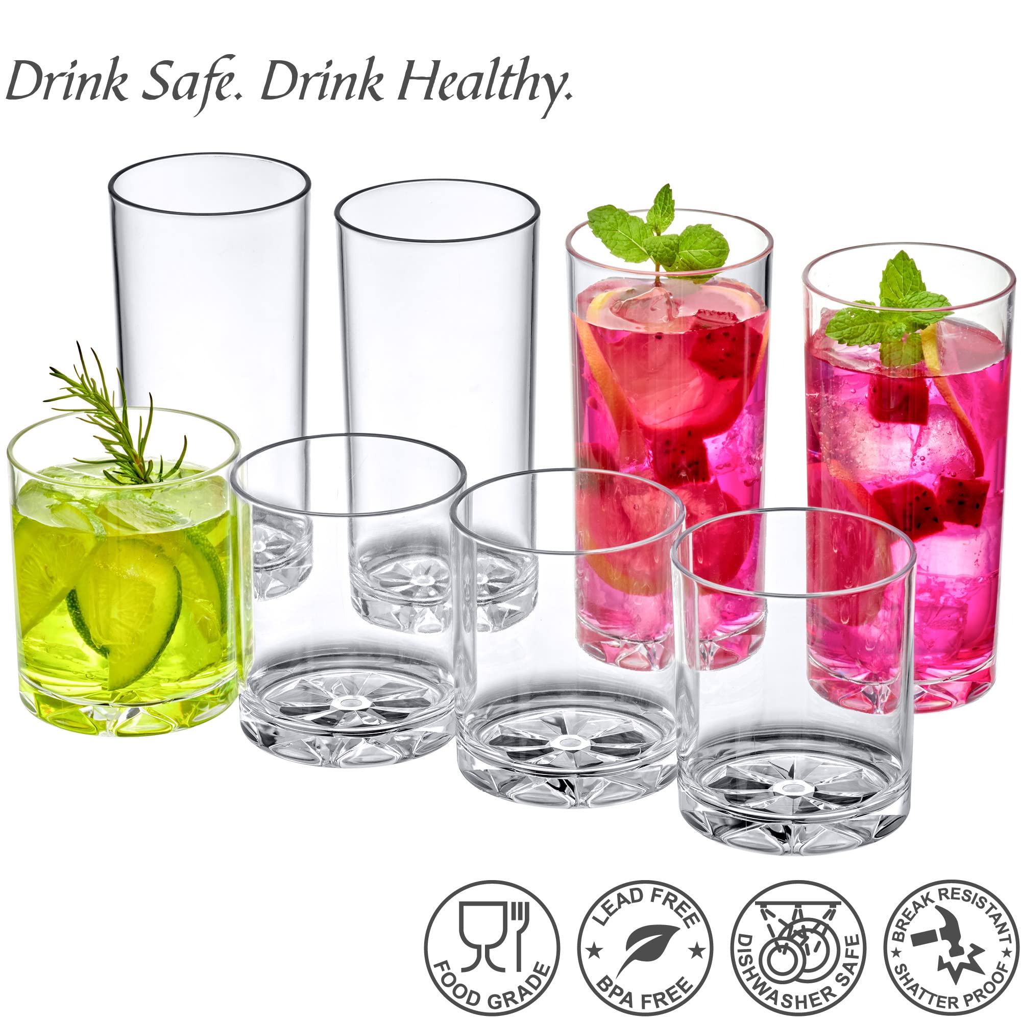 Amazing Abby - Liberty - 12-Ounce and 16-Ounce Plastic Tumblers (Set of 8)  Plastic Drinking Glasses  All-Clear Reusable Plastic Cups  BPA-Free  Shatter-Proof  Dishwasher-Safe