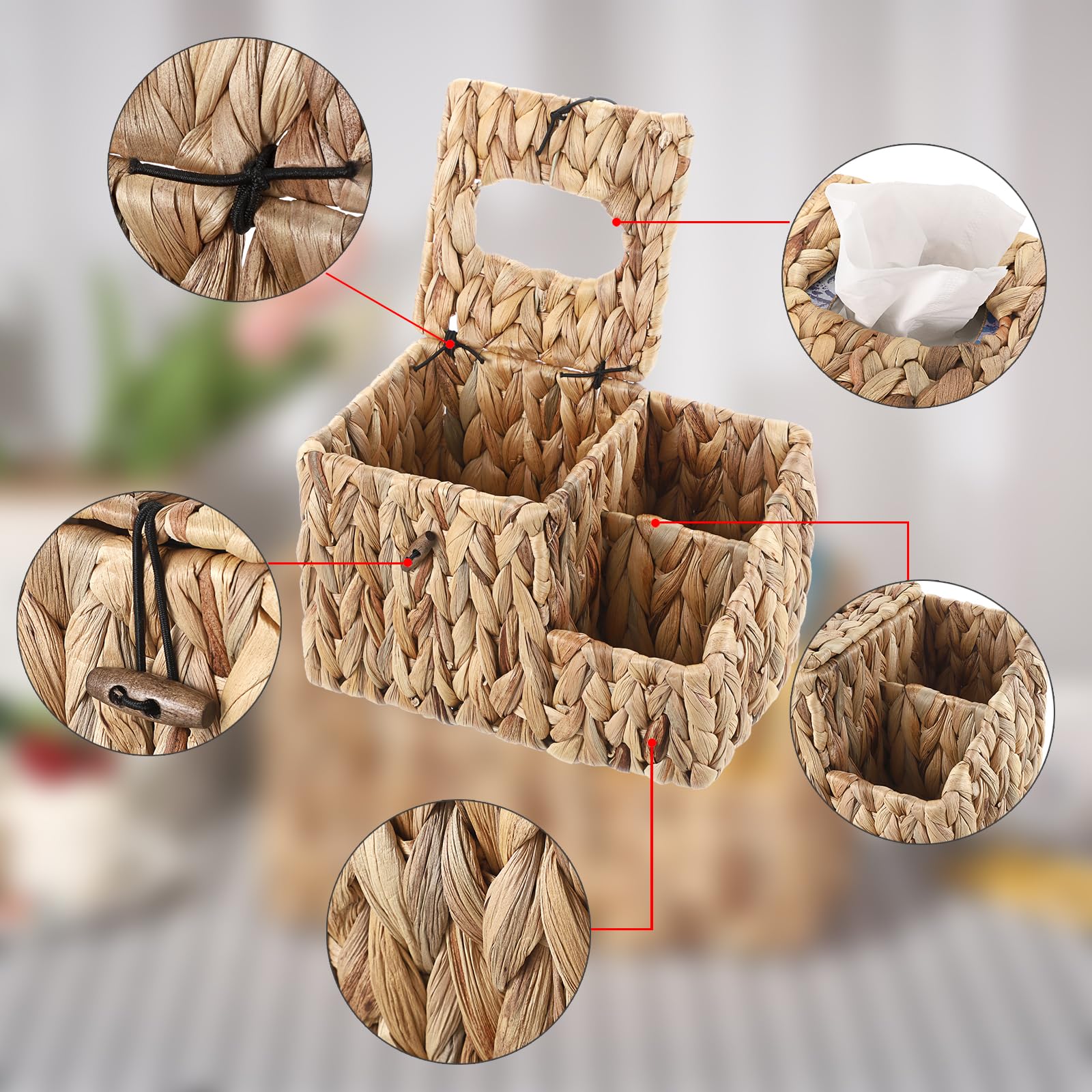 Sumnacon Tissue Box,Wicker Tissue Box Cover,Square Tissue Holder,Water Hyacinth Tissue Box Holder With Side Organizer,Cube Tissu