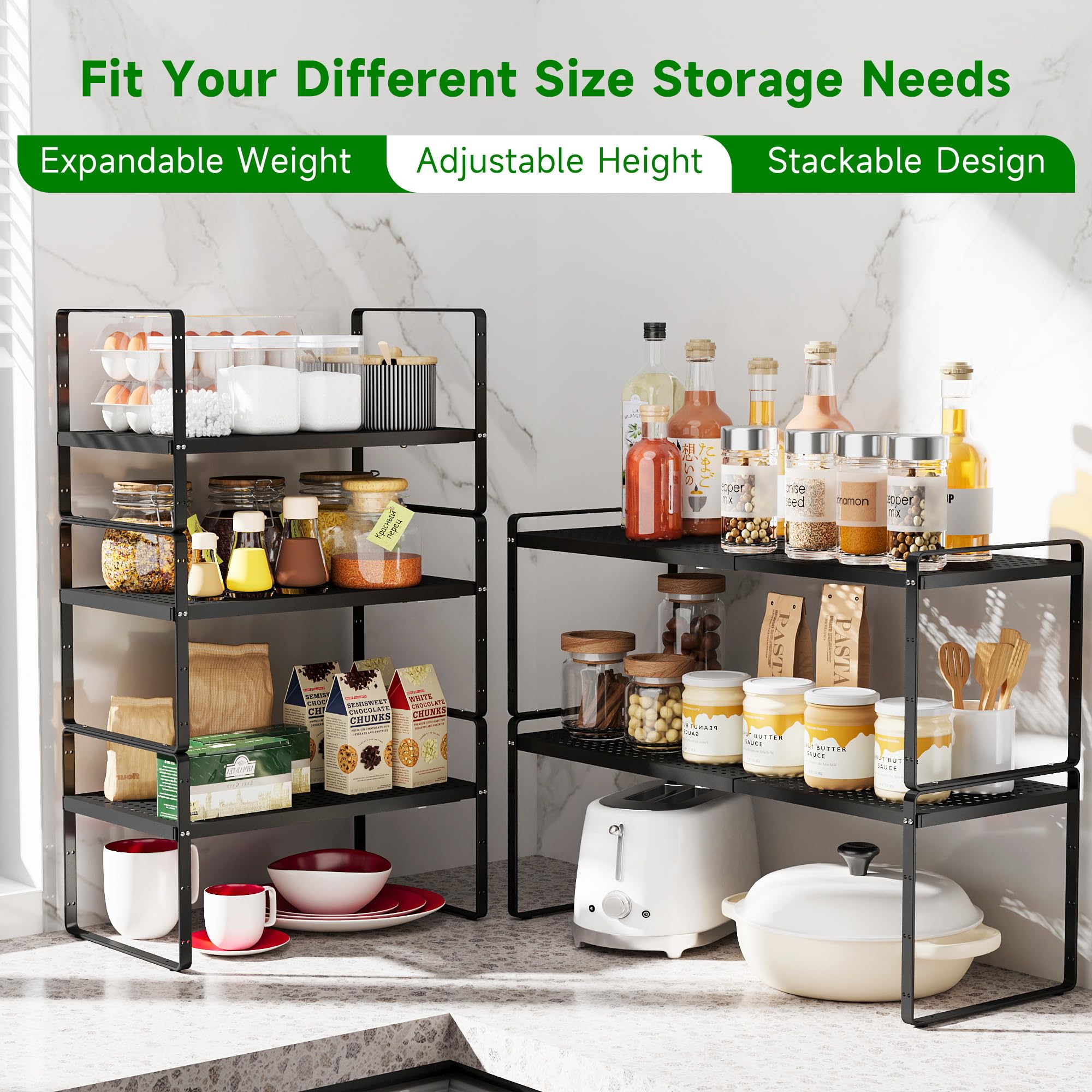 Expandable Kitchen Cabinet Shelf Organizer Rack Heavy Duty Metal Spice Rack Stackable Kitchen Counter Storage Shelf For Kitchen