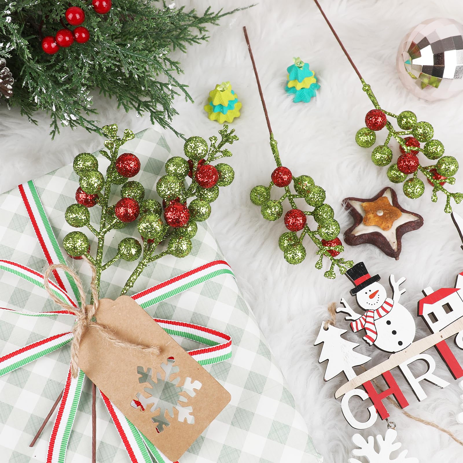 DIYASY Artificial Berry Stems, 20 Pcs Glitter Christmas Tree Picks Xmas Branches Filler Holiday Wreath Garland Decorations Home