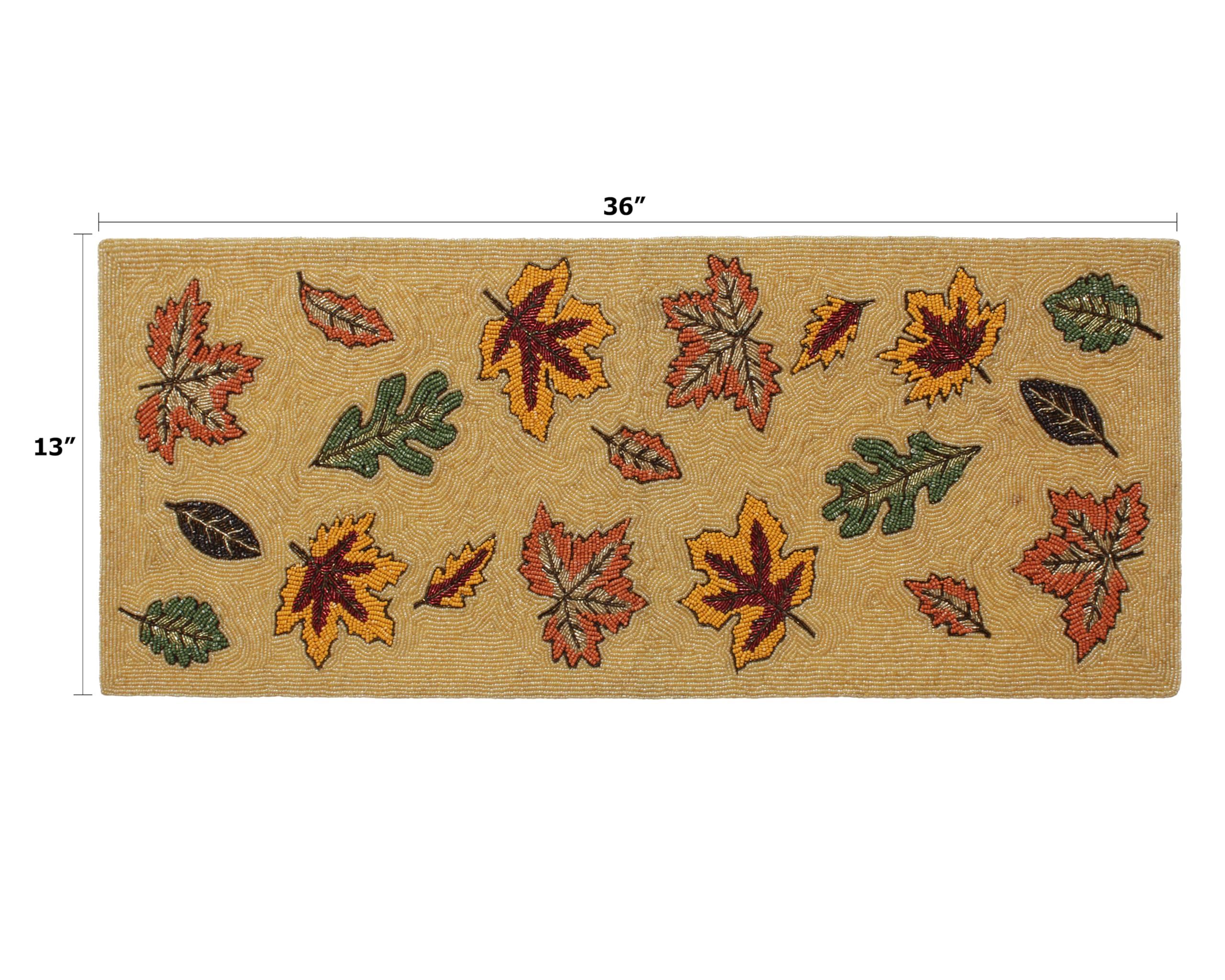 COTTON CRAFT Harvest Beaded Table Runner - Scattered Leaves Handmade Fall Tablerunner - Thanksgiving Autumn Foliage Christmas Ce