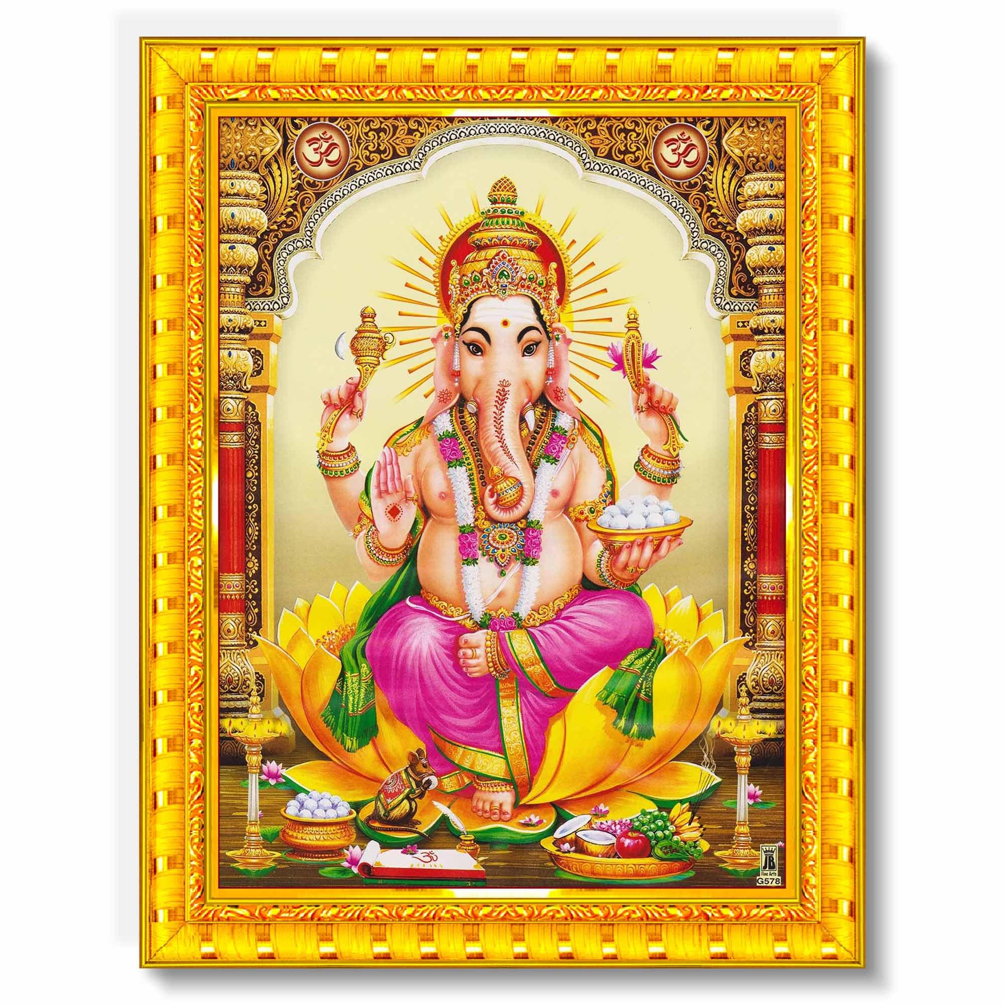 Pavan Photo Laminations Lord Ganesha Ganesh Ganpati Ganapathi Hanging Wall Painting Framed Home Decor (Wood,Matte,Gold,Small Siz