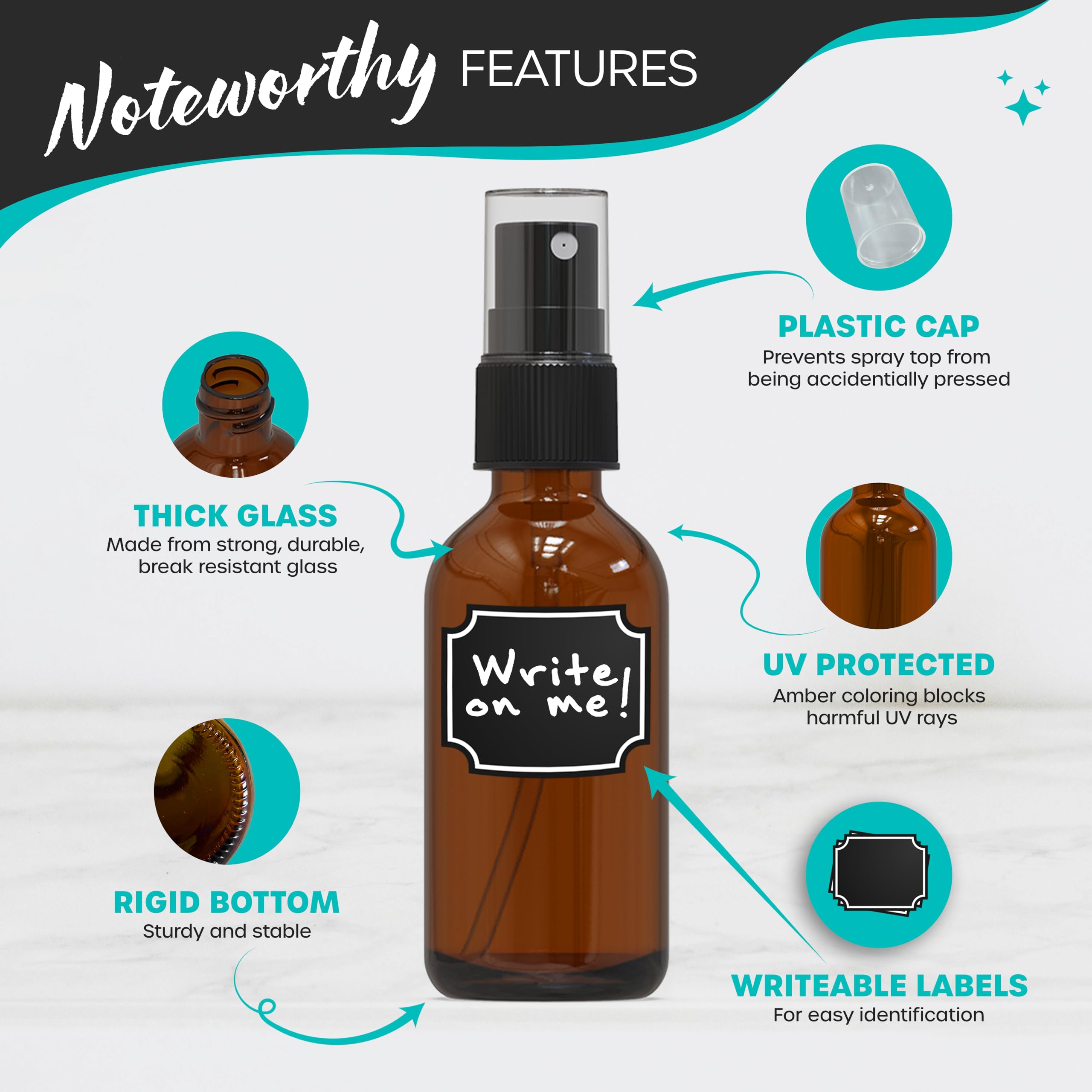 Nevlers 48 Pack Amber 2 Oz Spray Glass Bottle | The Amber Misting Glass Bottles Includes Sprayers & A Funnel And Brush With Bonu