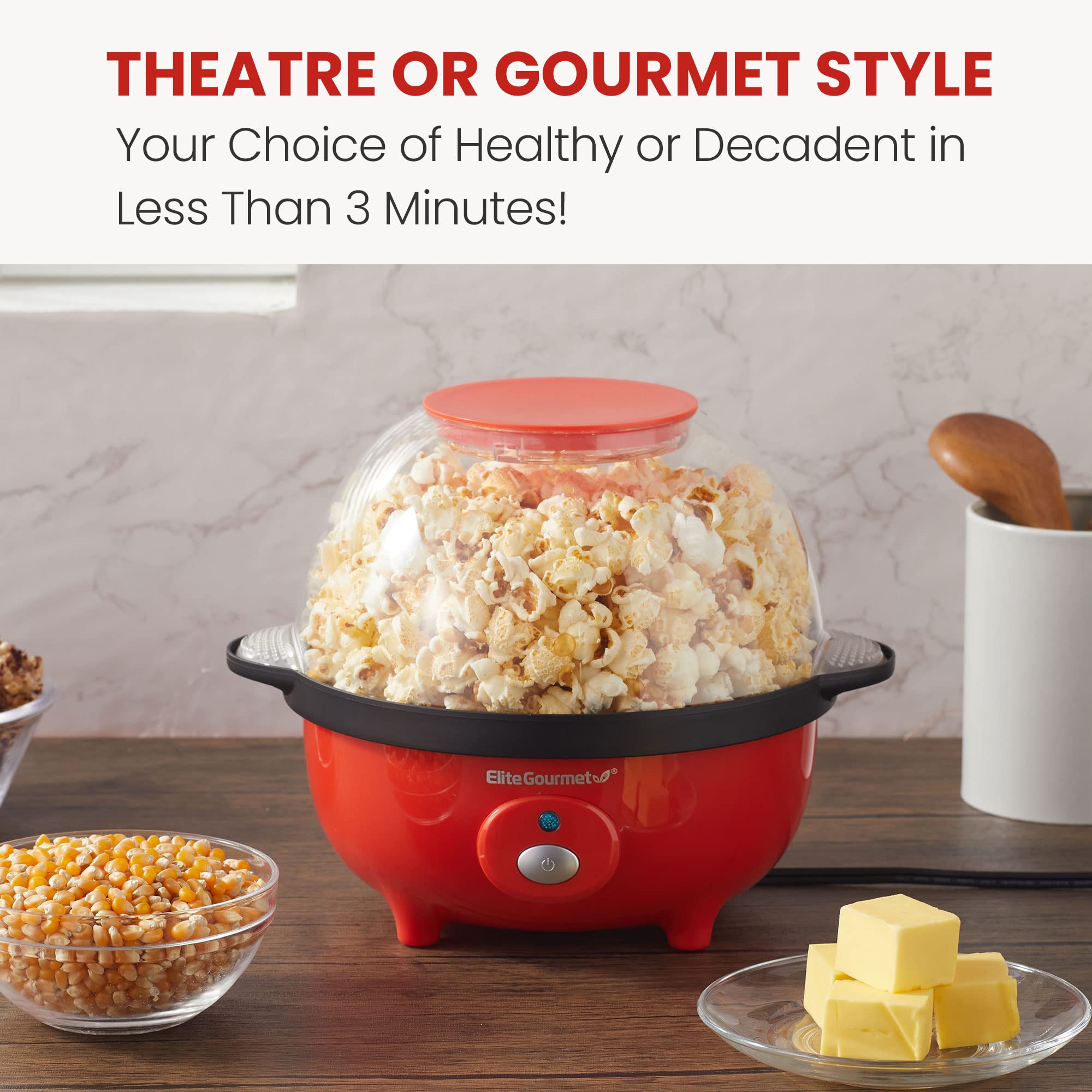 Elite Gourmet EPM330R 3Qt. Automatic Popcorn Maker, Red, Hot Oil Machine with Measuring Cap & Reversible Serving Bowl, ETL Approved