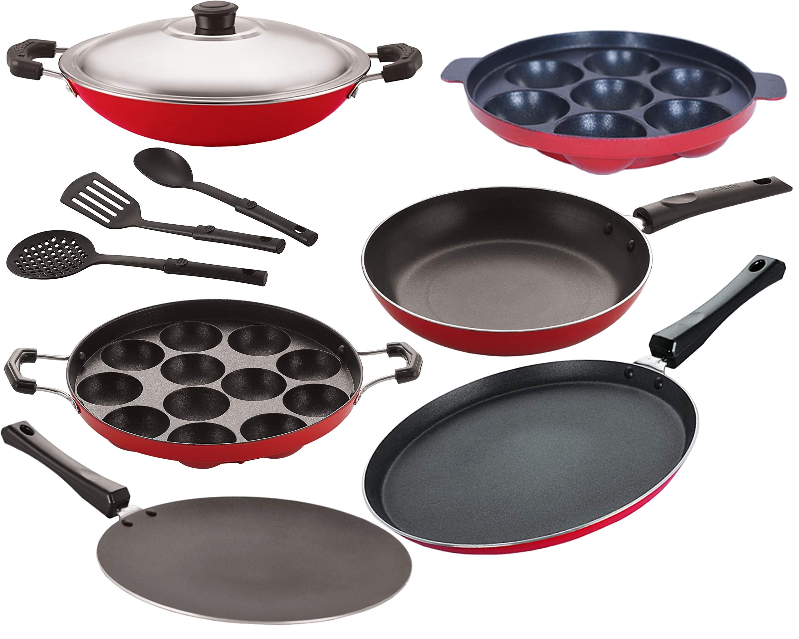 Nirlon Non Stick Coated Aluminium Gas Compatible Kitchenware Item Combo Set  9 Pieces [Ft13_Ct12_Ap(7)_Ap(12)_Ac_Tp24_3Spn]