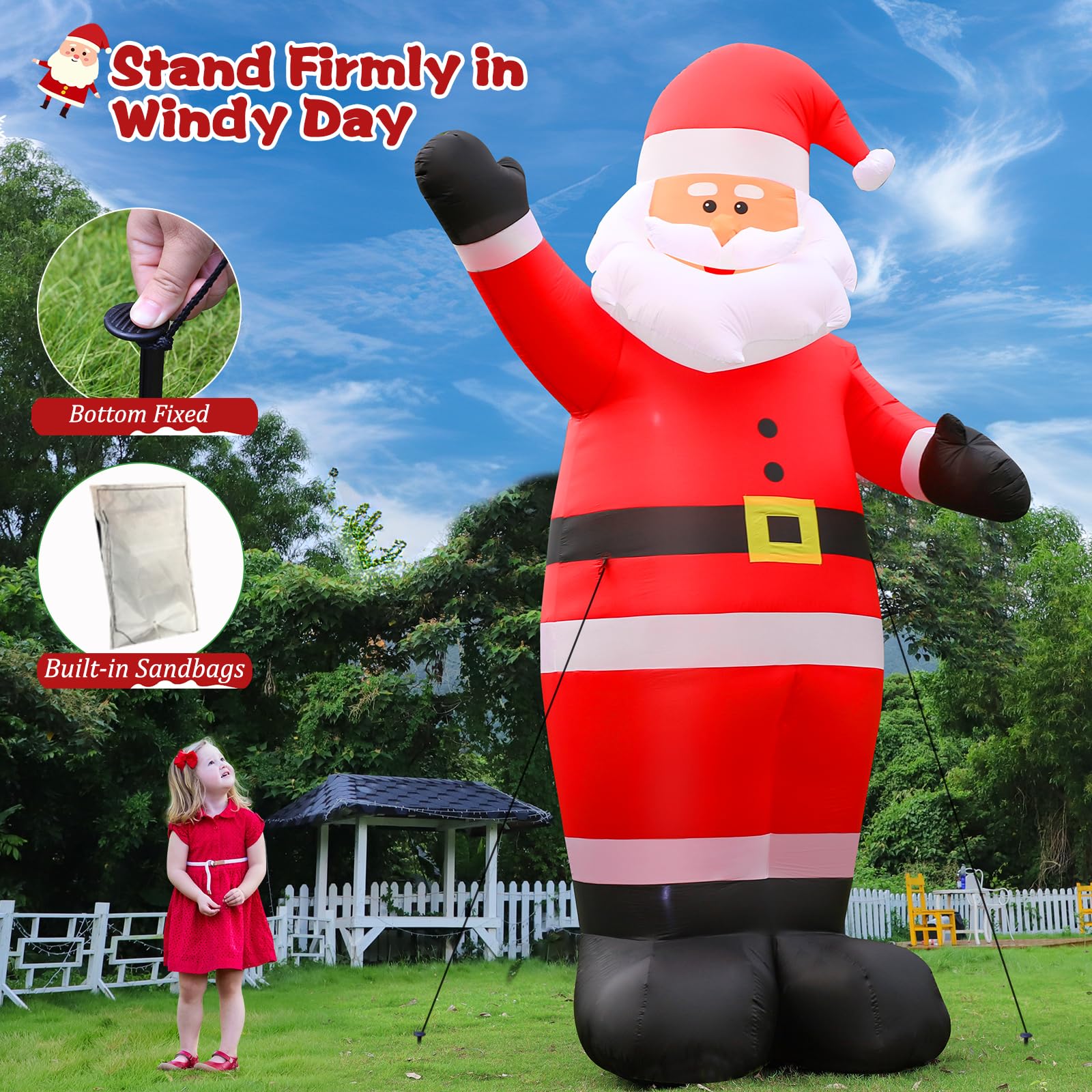 FunFanso 12 FT Giant Christmas Inflatable Santa Claus Outdoor Decoration, Cute Santa Tilting His Head and Waving Hand, Outside W