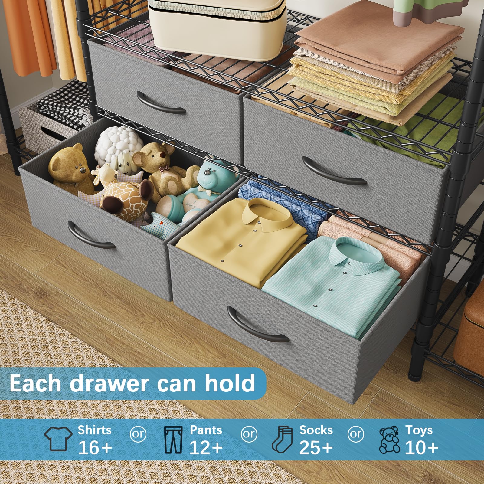 Vipek V20 Wire Garment Rack Heavy Duty Clothes Rack, Metal Clothing Rack With 6 Shelves, 3 Hang Rods & 4 Fabric Drawers, Compact