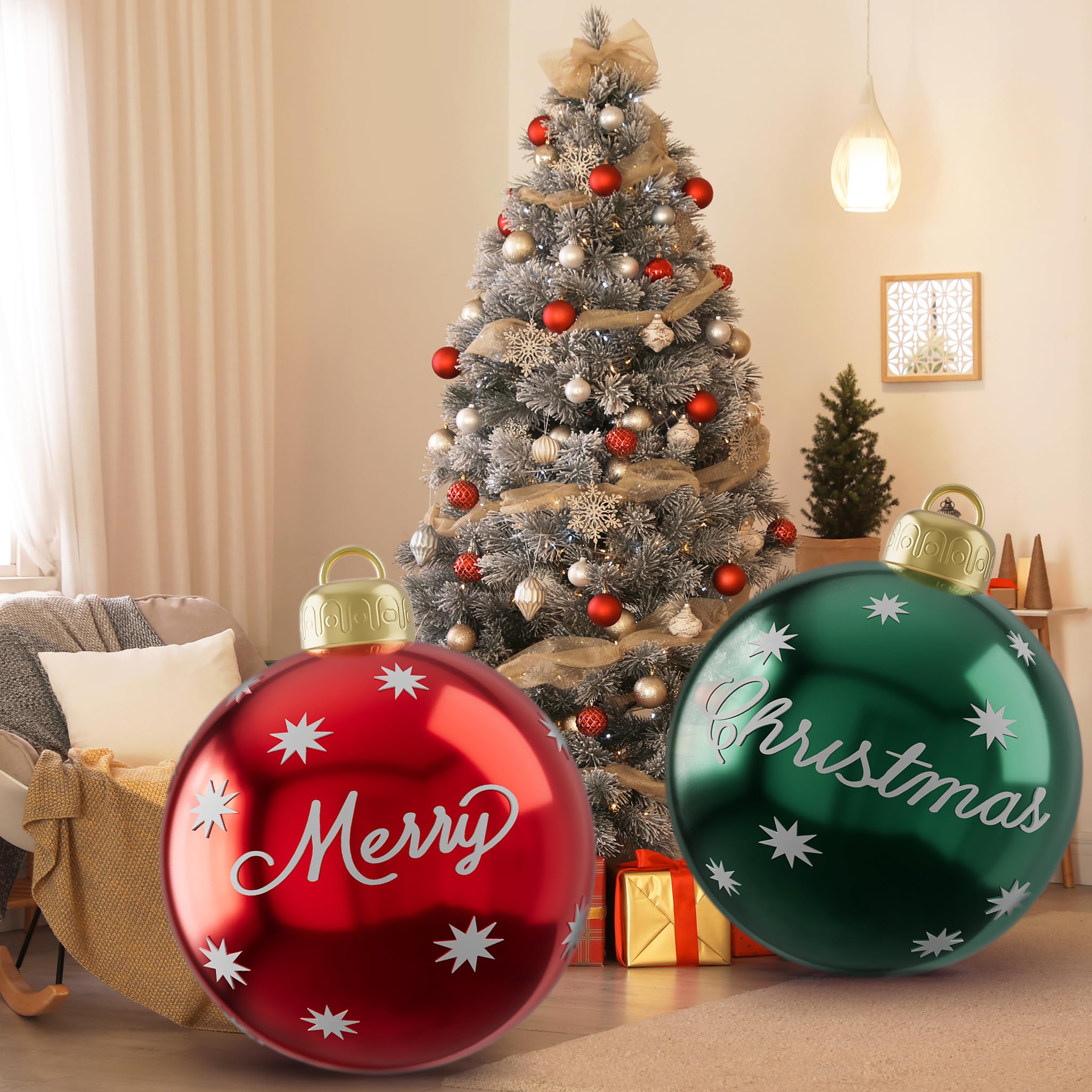 2Pcs 24 Inch PVC Inflatable Christmas Balls Xmas Giant Inflatable Ornaments Balls, Outdoor Inflatables Christmas Ornaments Ball