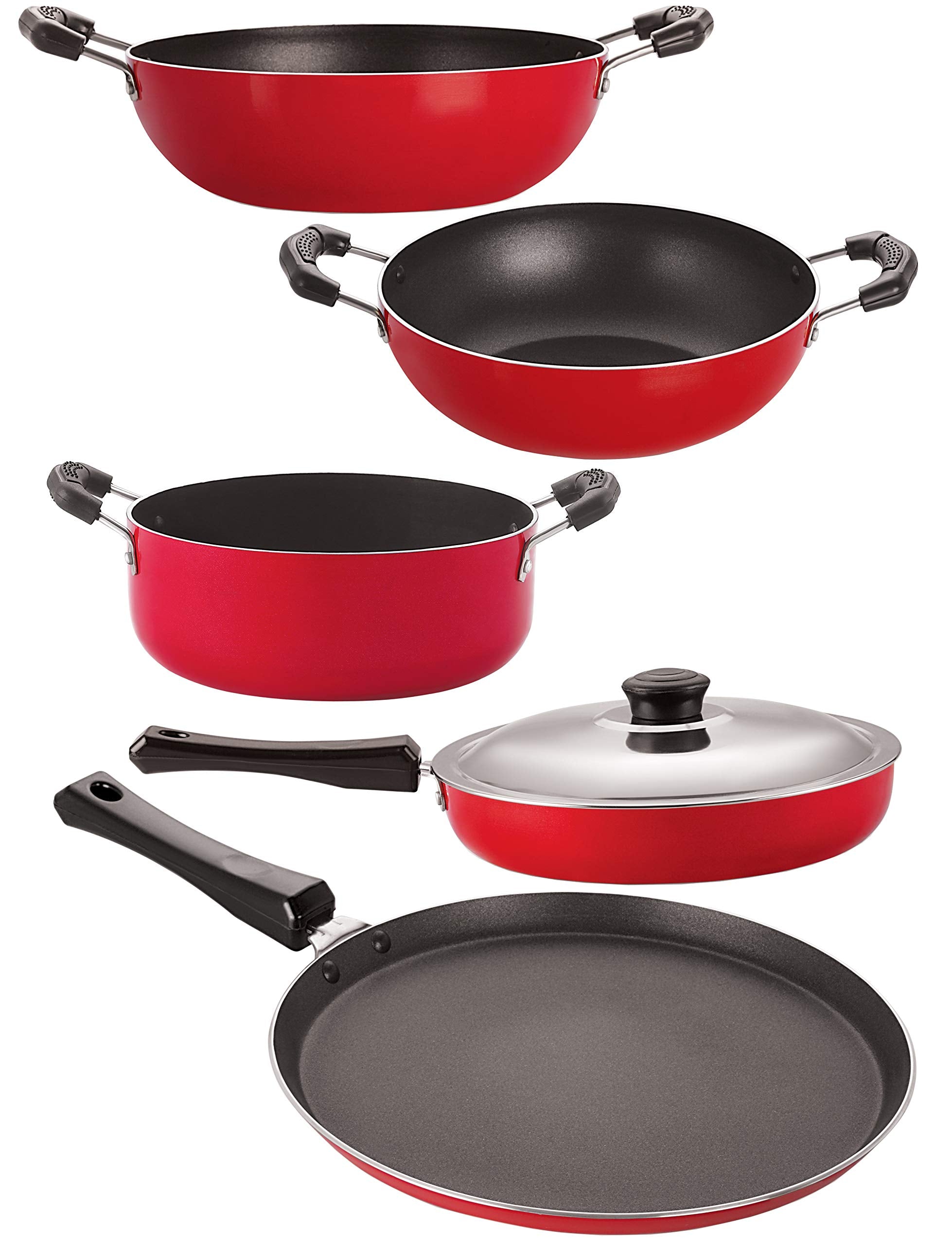 Nirlon 5 Piece Flat Base NonStick Coated Cookware Set With Steel Lid