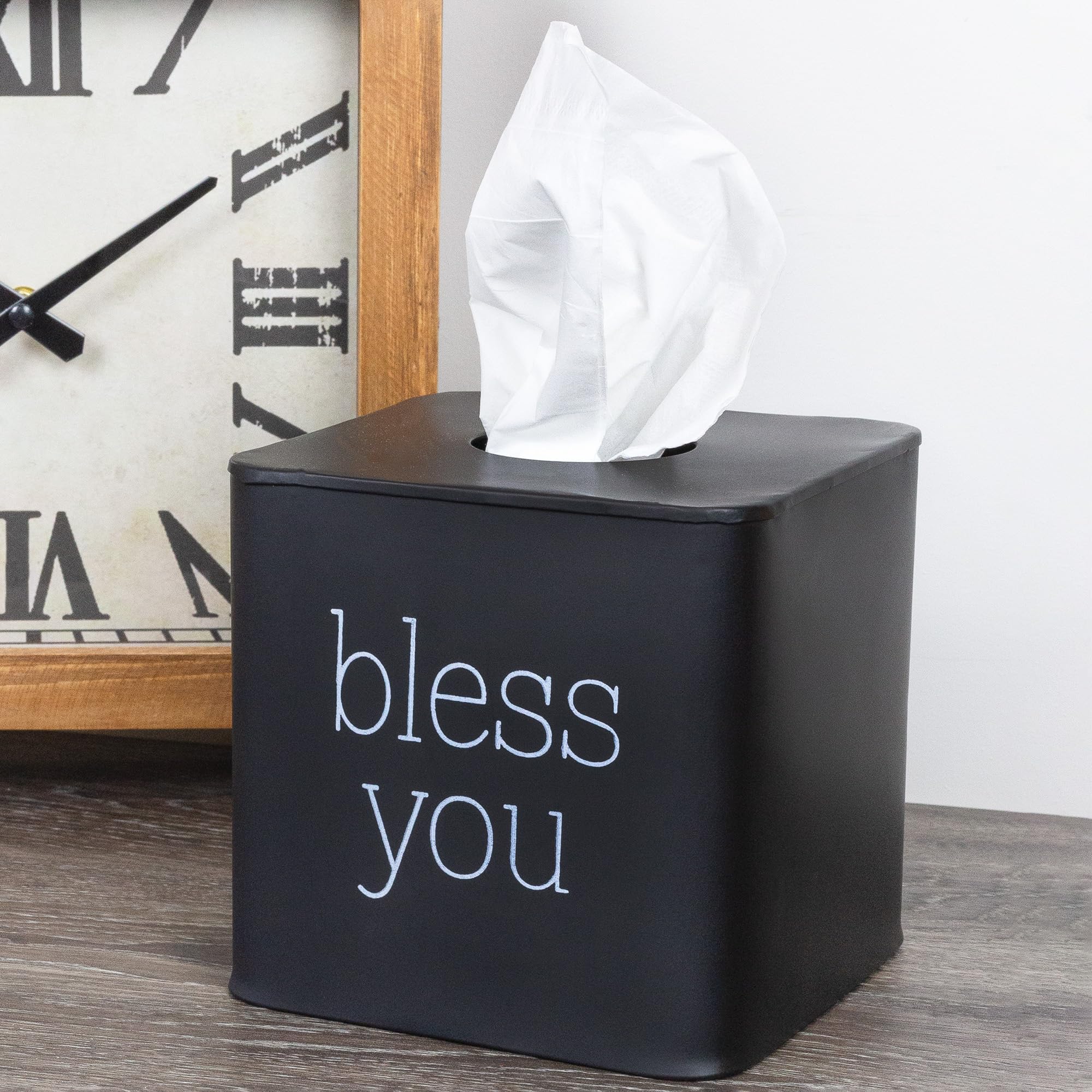 Auldhome Square Tissue Box Cover (Black); Modern Farmhouse Enamelware Tissue Holder
