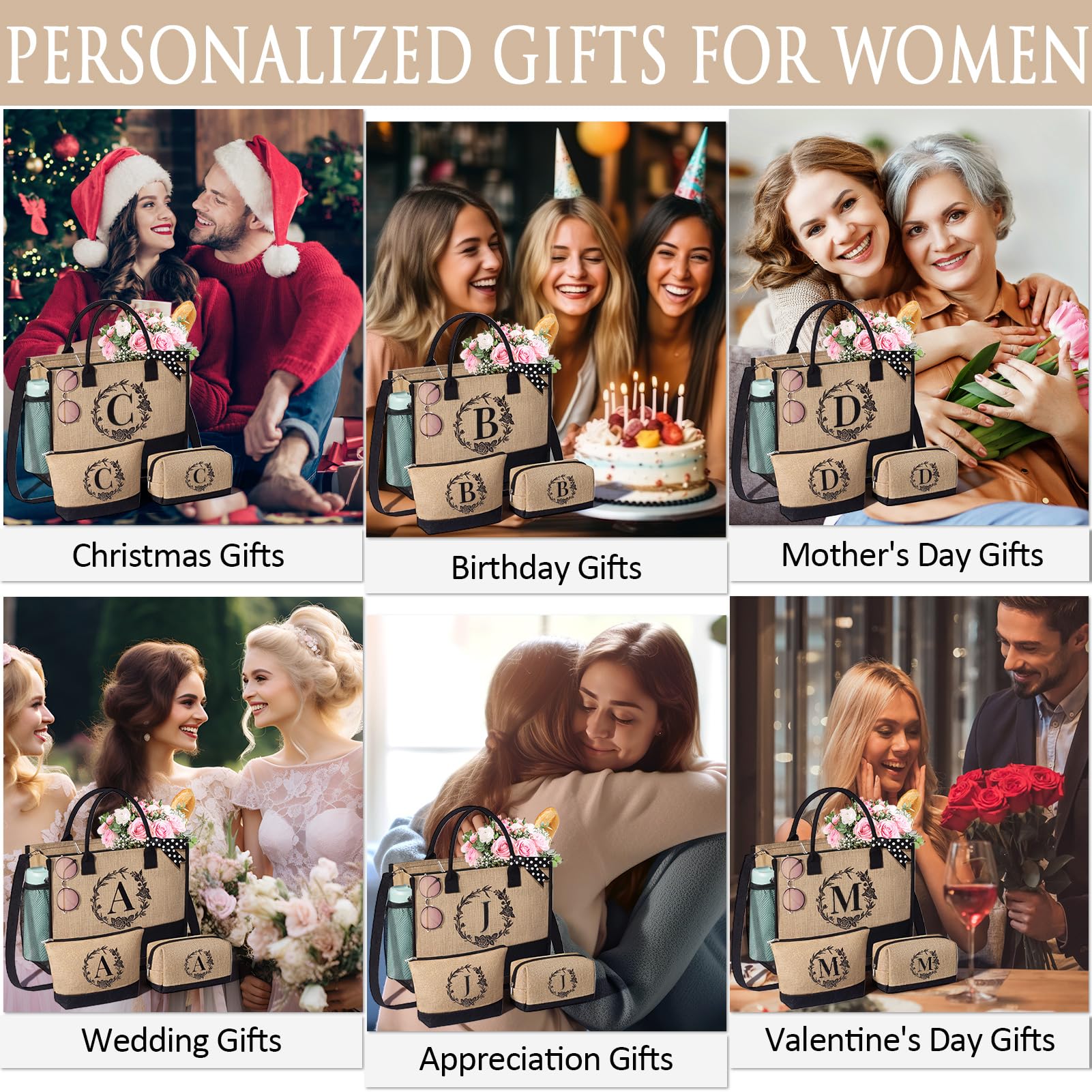 Personalized Valentines Day Gifts For Women Tote Bag, Initial Jute Tote Bag & Makeup Bags Monogrammed Beach Bag W/ Zipper, Birth
