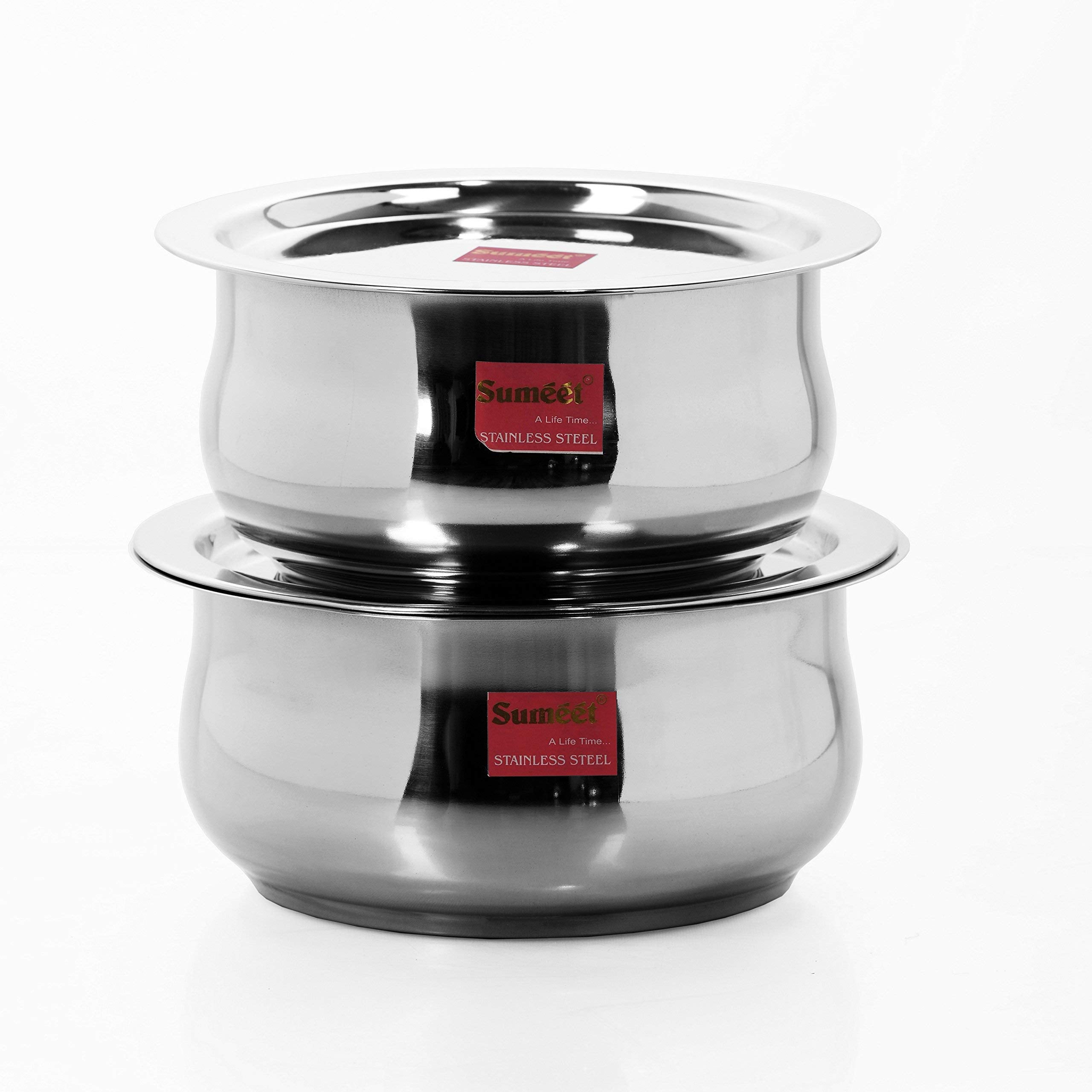 Sumeet Stainless Steel Belly Shape 8 Pc Tope/Cookware/Pot Set With Lid 380Ml, 500Ml, 780Ml, 1.1Ltr, 1.4Ltr, 1.75Ltr, 2.4 Ltr, 3.