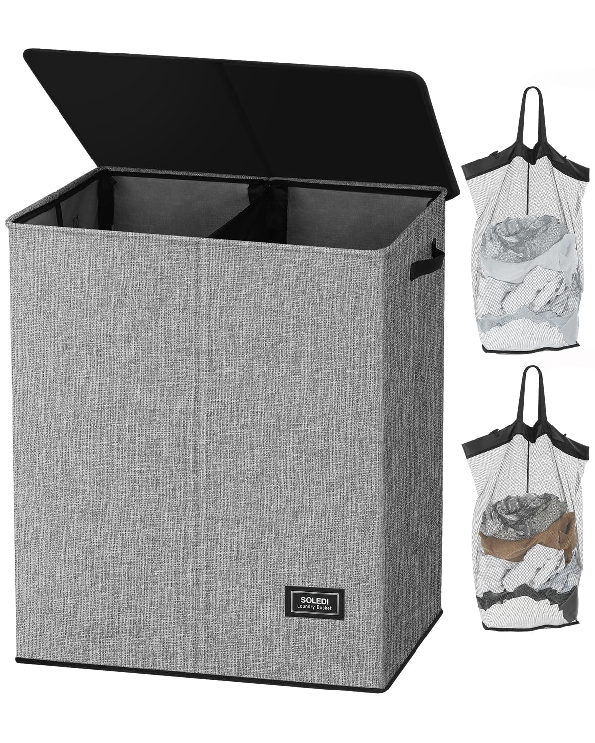 Soledi Double Laundry Hamper With Lid And Handle, Laundry Basket 2 Section With Removable Bag, Collapsible Dirty Clothes Hampers