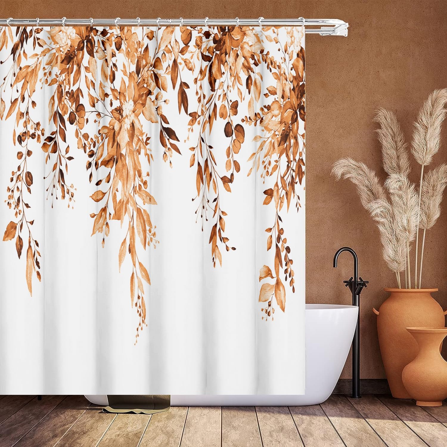 Nuseiis Orange Eucalyptus Shower Curtain, Watercolor Plant Leaves Shower Curtain With 12 Hooks, Decorative Botanical Fall Shower