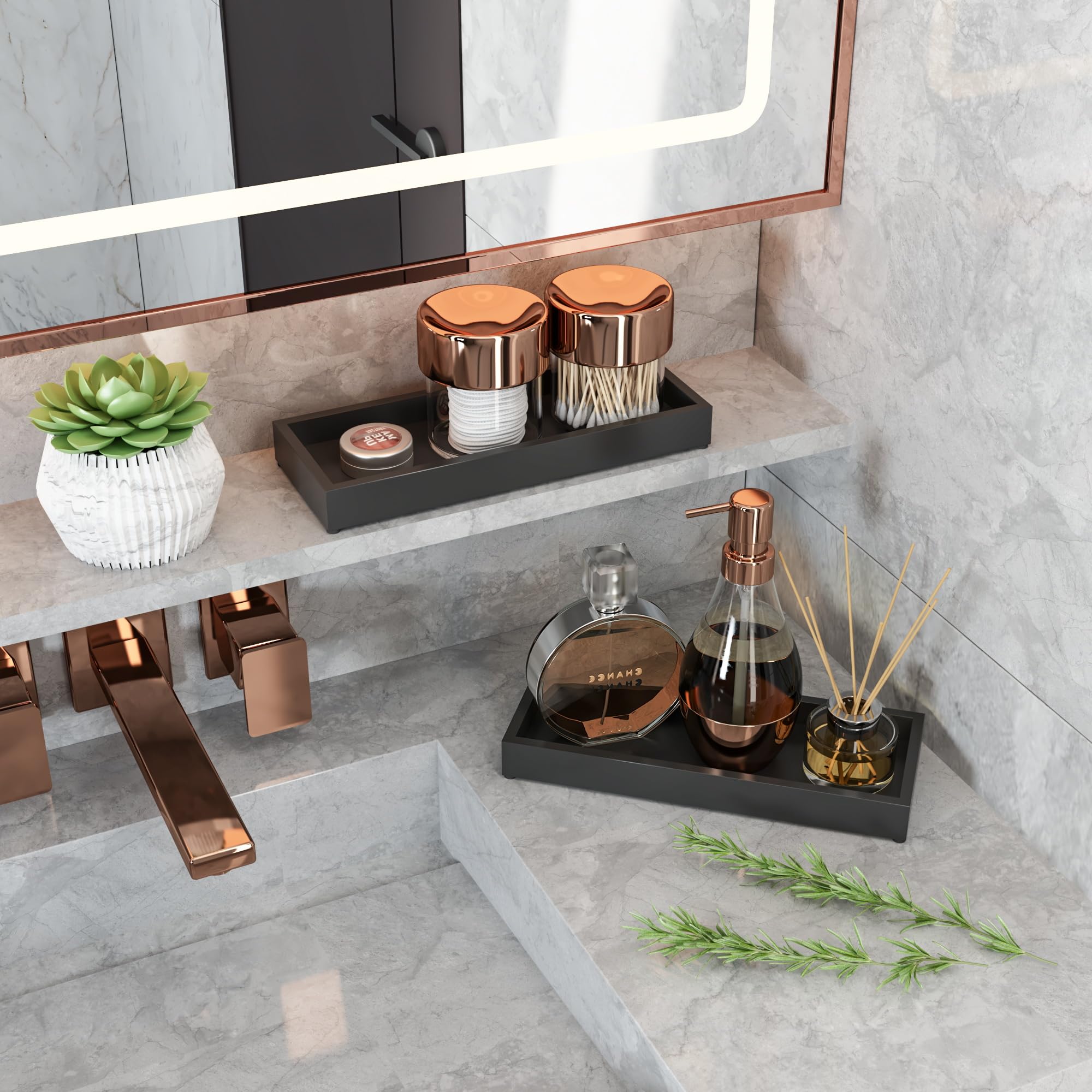 Bathroom Vanity Tray Black Decorative Tray For Counter, 11.2''X 4.3'' Small Wood Sink Soap Tray Holder For Kitchen, Dresser Coun