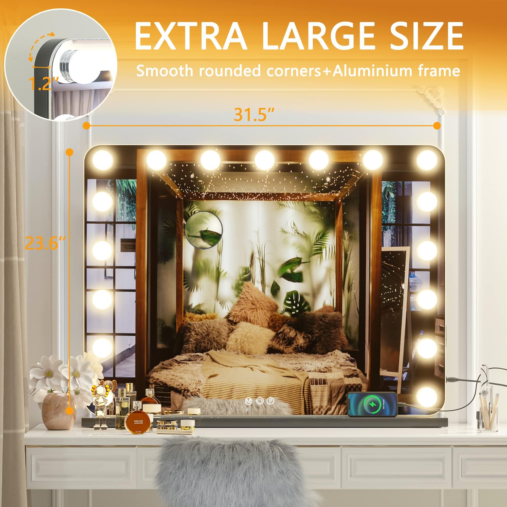 Hasipu Vanity Mirror With Lights, 31.5'' X 23.6'' Hollywood Mirror, Makeup Mirror With 17 Dimmable Bulbs And 10X Magnification,