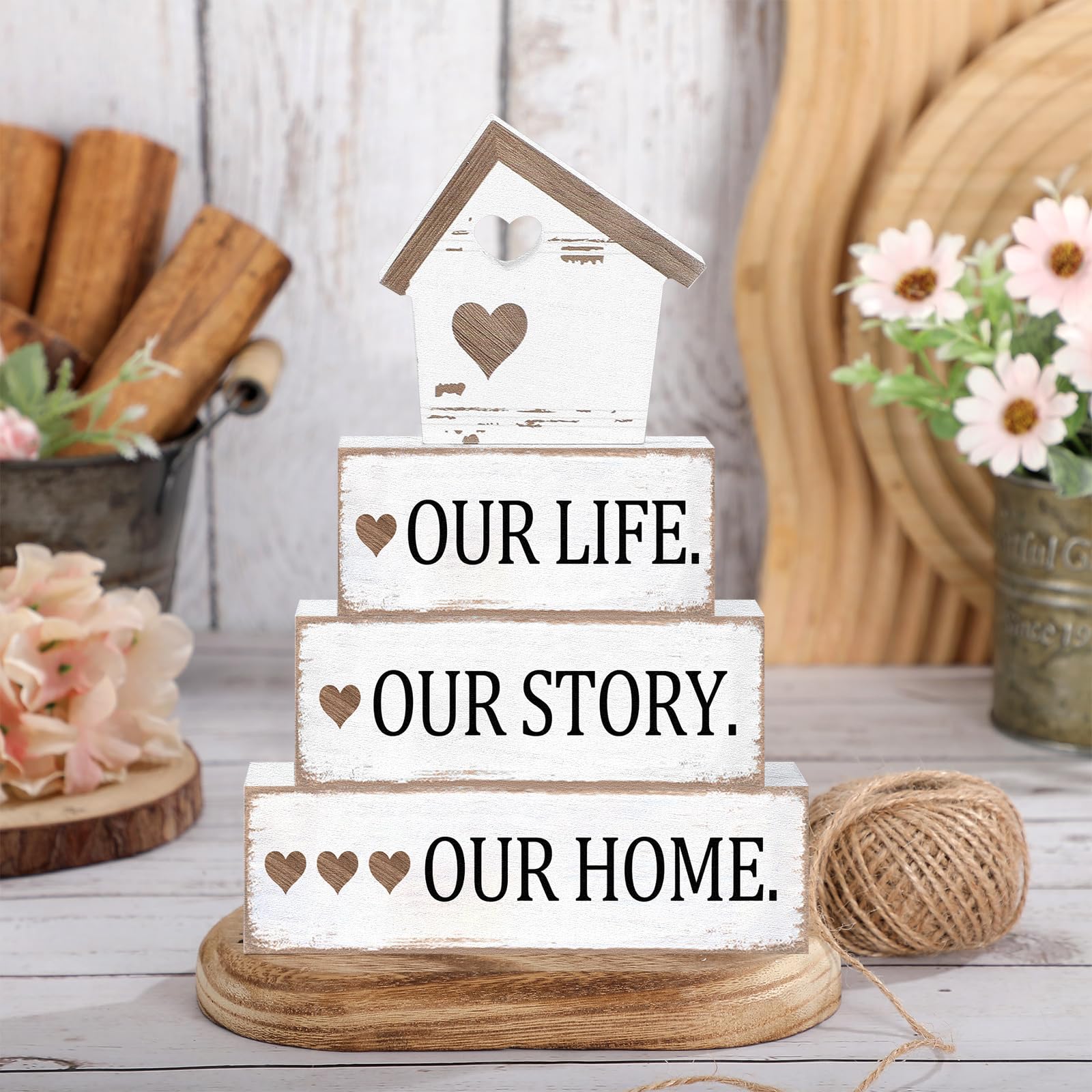Cinnvoice Farmhouse Wooden Tabletop Decor Home Tiered Tray Decor Rustic Distressed Our Life Story Home Wood Sign Neutral Decorat
