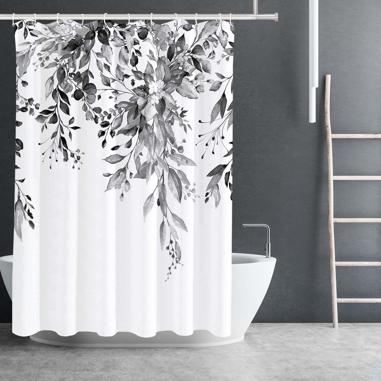 Tititex Black Eucalyptus Shower Curtain Sets, Watercolor Grey Leaves On The Top Plant With Floral Bathroom Decoration 60X72 Inch