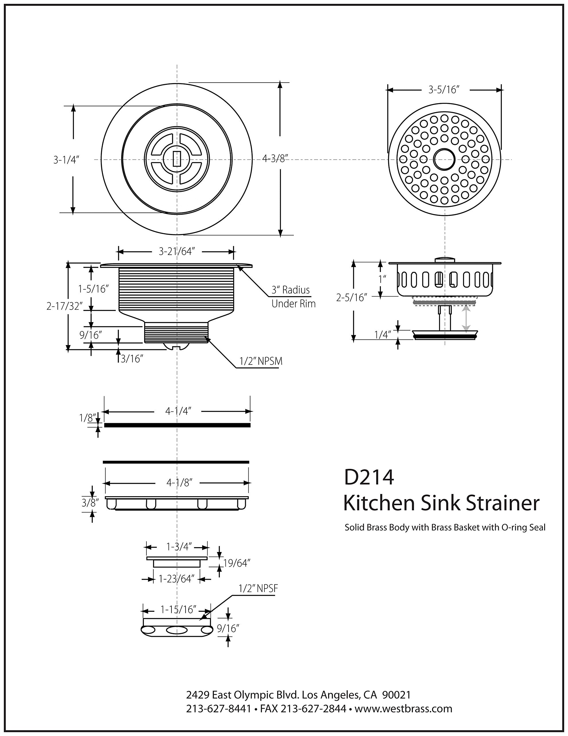 Westbrass D214-62 3-1/2'' Post Style Large Kitchen Sink Basket Strainer, Matte Black