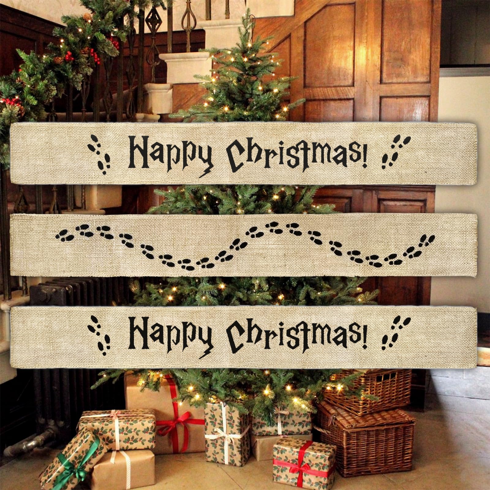 3Pcs Christmas Tree Decorations, Wizard Burlap Ribbon Wired Xmas Craft for Vintage Christmas Tree Ornaments