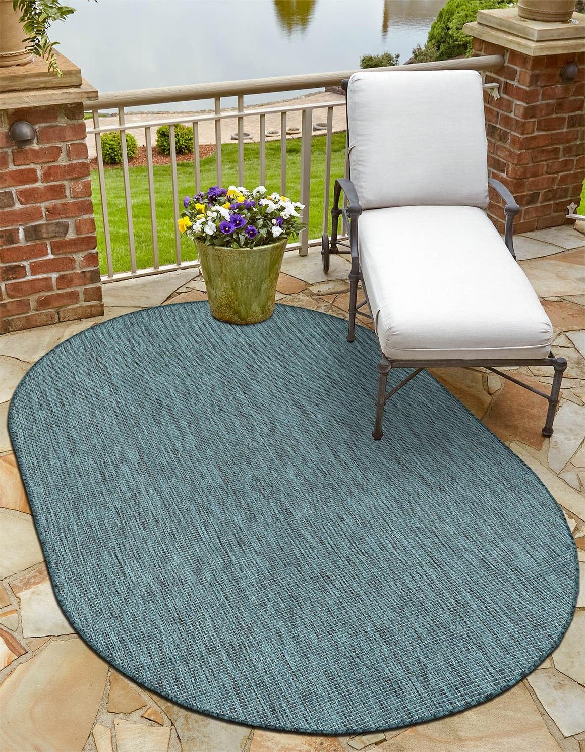 Unique Loom Outdoor Solid Collection Area Rug (4 1 x 6 1 Oval Teal/Navy Blue)