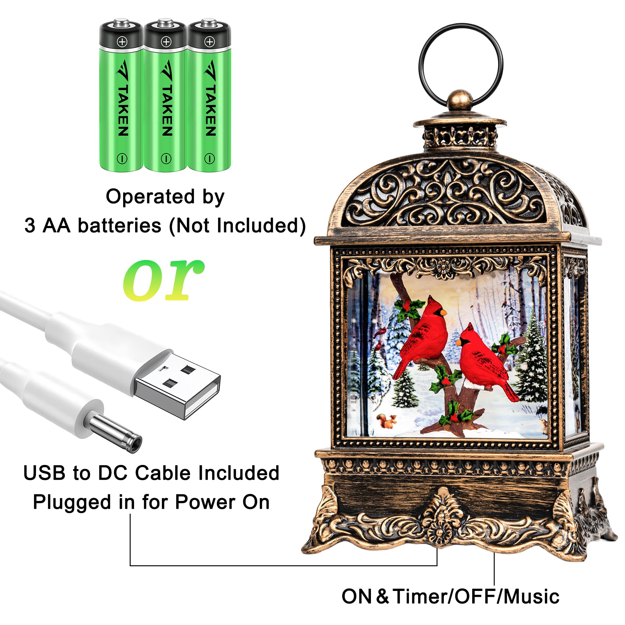 Christmas Snow Globe Water Lantern with Cardinal Scene Battery Operated or USB Powered Musical Lighted Holiday Decoration for Ta