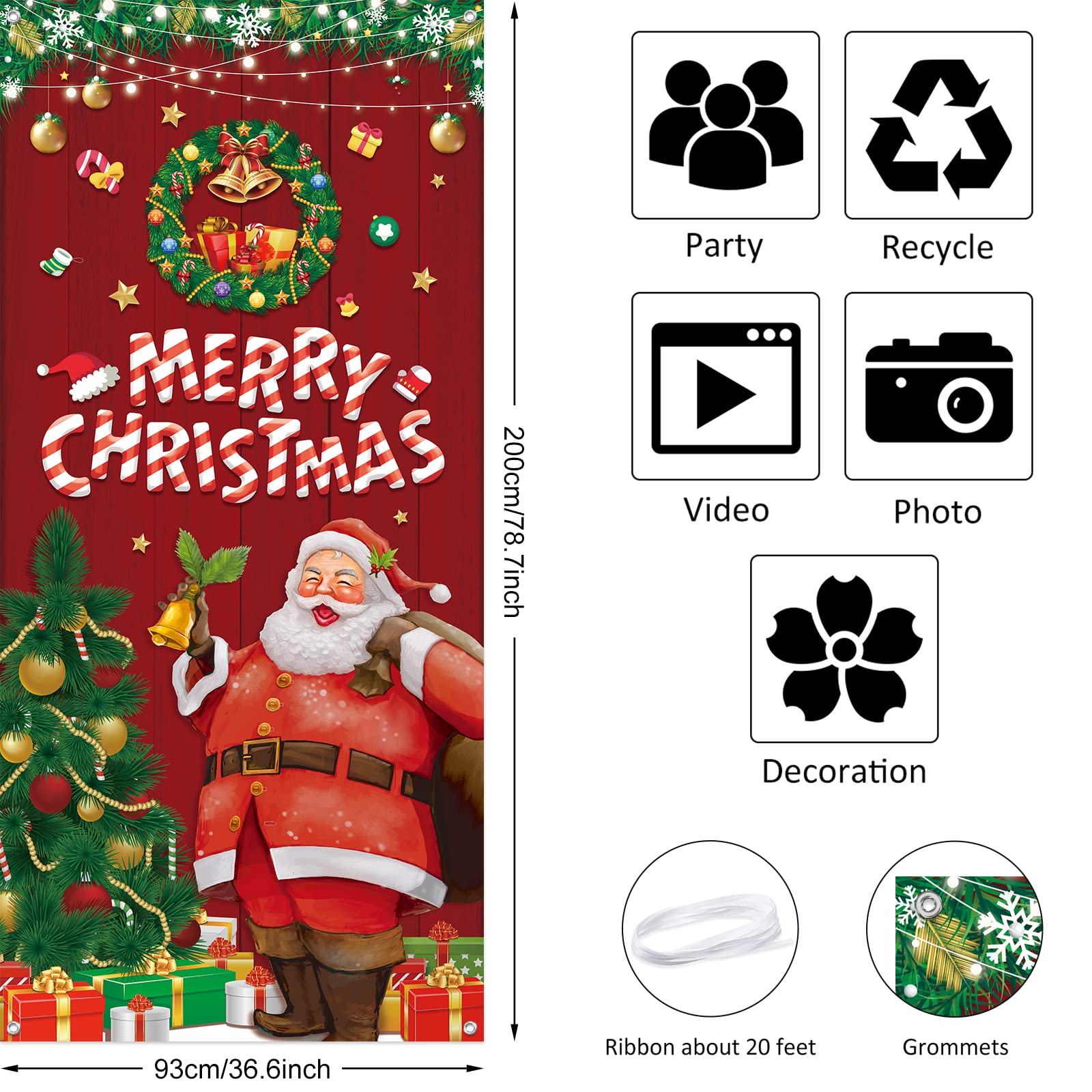 Merry Christmas Door Cover, 78.7  36.6 Inch Large Xmas Door Banner Santa Backdrop Holiday Festival Banner Funny Christmas Party
