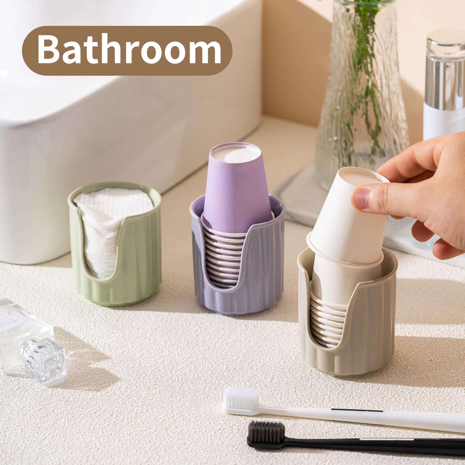 Kid Ceramic Bathroom Cup Dispenser With Stylish Vertical Stripes - Dixiee Cup Dispenser & Mouthwash Cup Holder Holds 3Oz Paper C