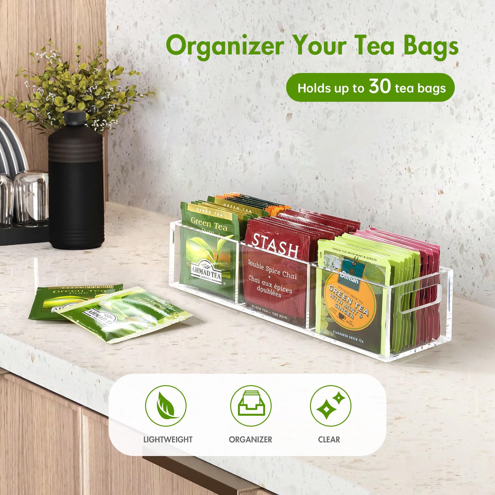 Beygorm Tea Bag Organizer For Tea Bags, Small Acrylic Teabag Holder Organizer, Clear Tea Caddy For Tea Bags Organizer, Tea Bag S