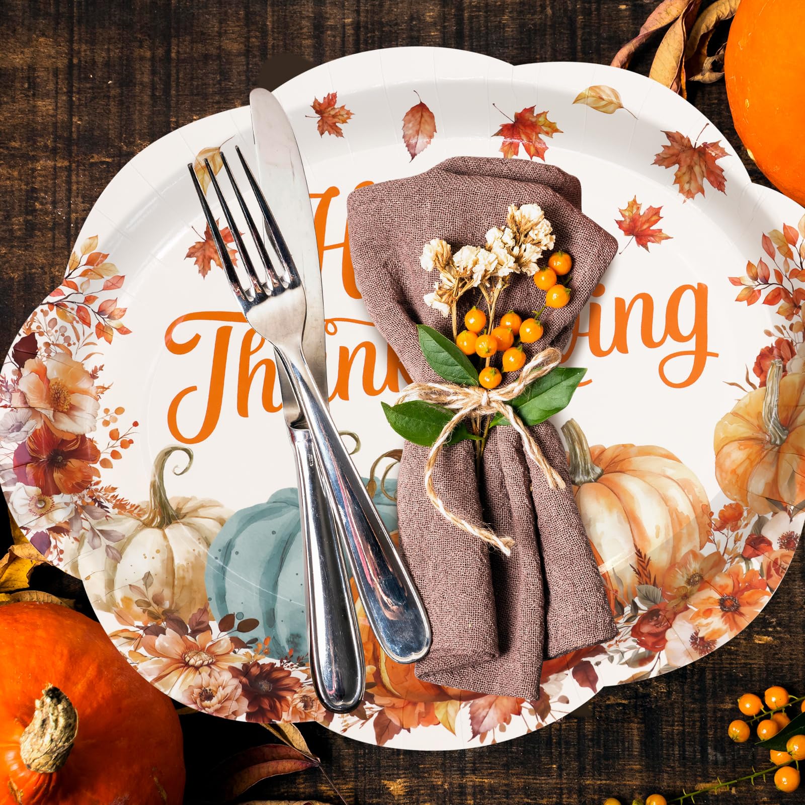 Fancy Land 24 Pcs Thanksgiving Plates 10 x 12 Inches Pumpkin Oval Paper Plates Disposable Dinner Platters Heavy Duty Dinnerware