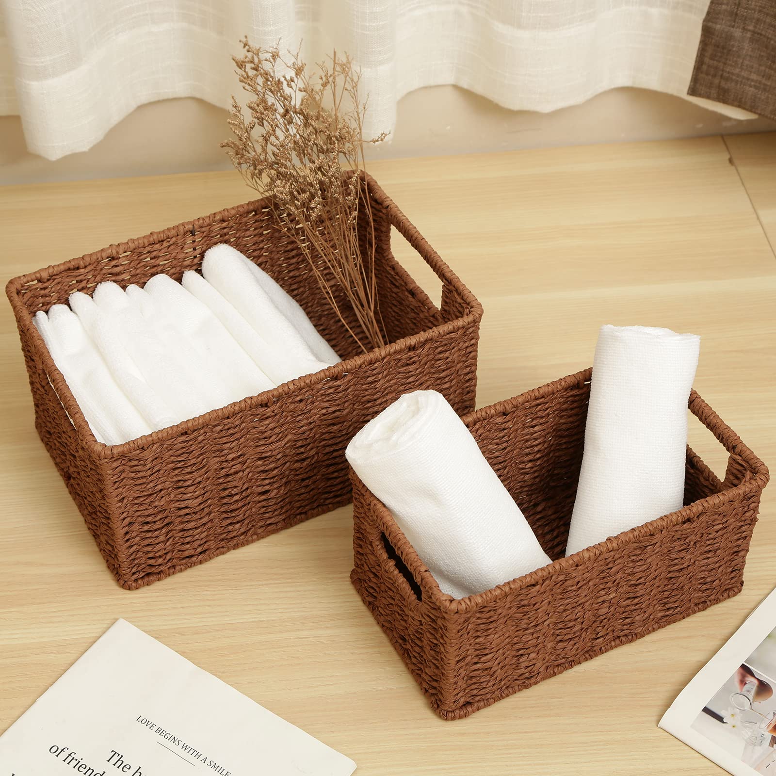 HOONEX Woven Baskets for Storage  Paper Rope Baskets with Sturdy Metal Wire Frame  Baskets for Shelves  Set of 2  Dark Brown